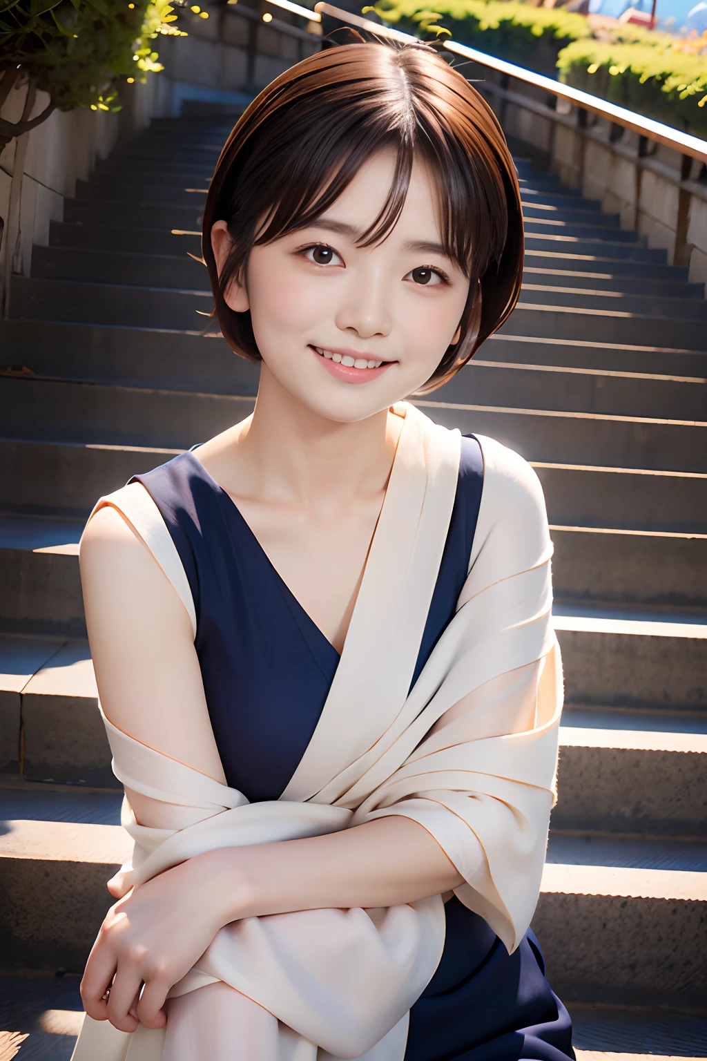 keqingdef, Upper body, Smile, blush, Outdoors, day, Simple background, Blue sky, Short hair, skyporn, temple, Looking at Viewer, stairs, mont, Moody lighting, face to the viewer,