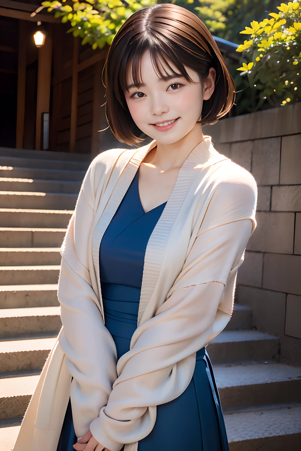 keqingdef, Upper body, Smile, blush, Outdoors, day, Simple background, Blue sky, Short hair, skyporn, temple, Looking at Viewer, stairs, mont, Moody lighting, face to the viewer,