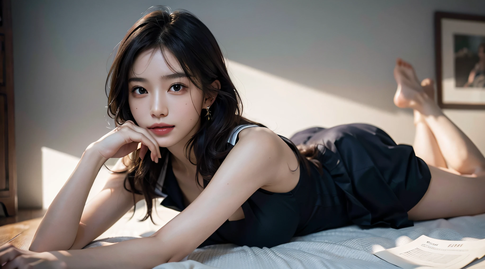 RAW photo, extremely delicate and beautiful, masterpiece, Best Quality, ultra high resolution, 16k, hyperrealistic, ultra-detailed, Very detailed CG 8k wallpaper, Beautiful Lighting, Perfect Lightning, Realistic Shadows, perfect anatomy, super Detailed shiny skin, perfect figure, Japanese woman, late 20s, very Slim body, narrow waist, very small head, handsome detailed woman, very detailed eyes and face, realistic face proportions, Stunning detailed eyes, Realistic beautiful face, very small face, Realistic small beautiful eyes, double eyelids, makeup, tearful mole, mole on chest, earring, bare legs, beautiful and very thin legs, beautiful and very thin thighs, ((very huge round breasts)), ((full body shot)), (short hair), wavy hair, ((secretary uniform)), ((lying on her back))