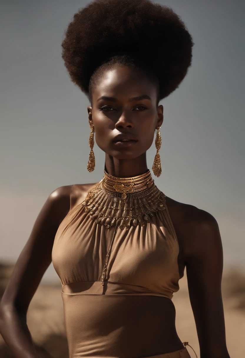 Il y a une femme avec une chemise noire et un collier en or, photo of a black woman, dark-skinned, with brown skin, dark skinned, Wear a detailed gold choker, Jeune femme noire, Porter un choker noir, Maria Borges, inspired by Theo Constanté, peau noire!!!, taken in the early 2020s, very dark brown skin!