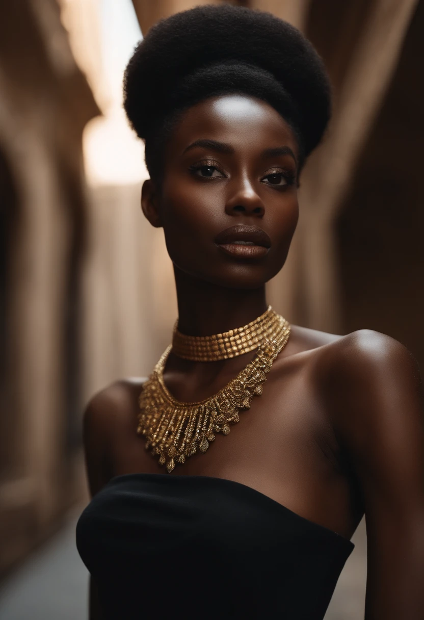 Ghotic woman afro cut with big bare breasts and piercing on the nipples of gold chains