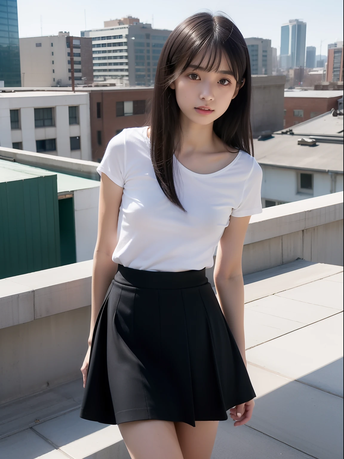 wariza,Knees,年轻,(pleatedskirt,a miniskirt),tshirts,teens girl,Delicate body,petite body,Delicate body,small tits,tiny chest,Short,A dark-haired,Very Longhair,On the roof of a building