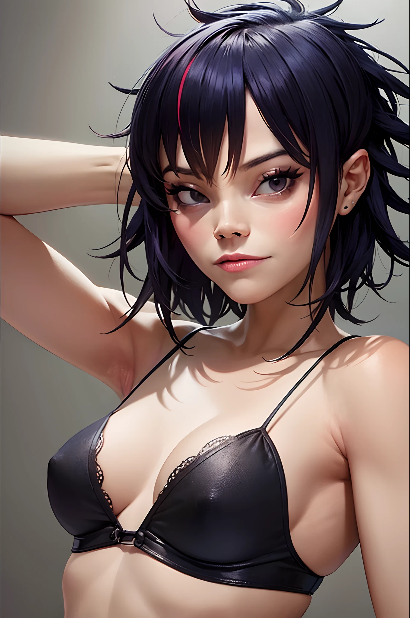 (masterpiece, best quality:1.2), noodle (gorillaz), black hair, 1girl, short hair, streaked hair, black eyes, multicolored hair, looking at viewer, bangs, parted lips, breasts, small breasts, bob cut, blush, lipstick, attractive gothic girl, aestetic body, medium tits,gothic aesthetics, dark blue, fog, haze, shadows, lighting effects, mysterious appearance, high contrast, stone cave walls in the background, detailed face, ultra detail, hyperrealism,