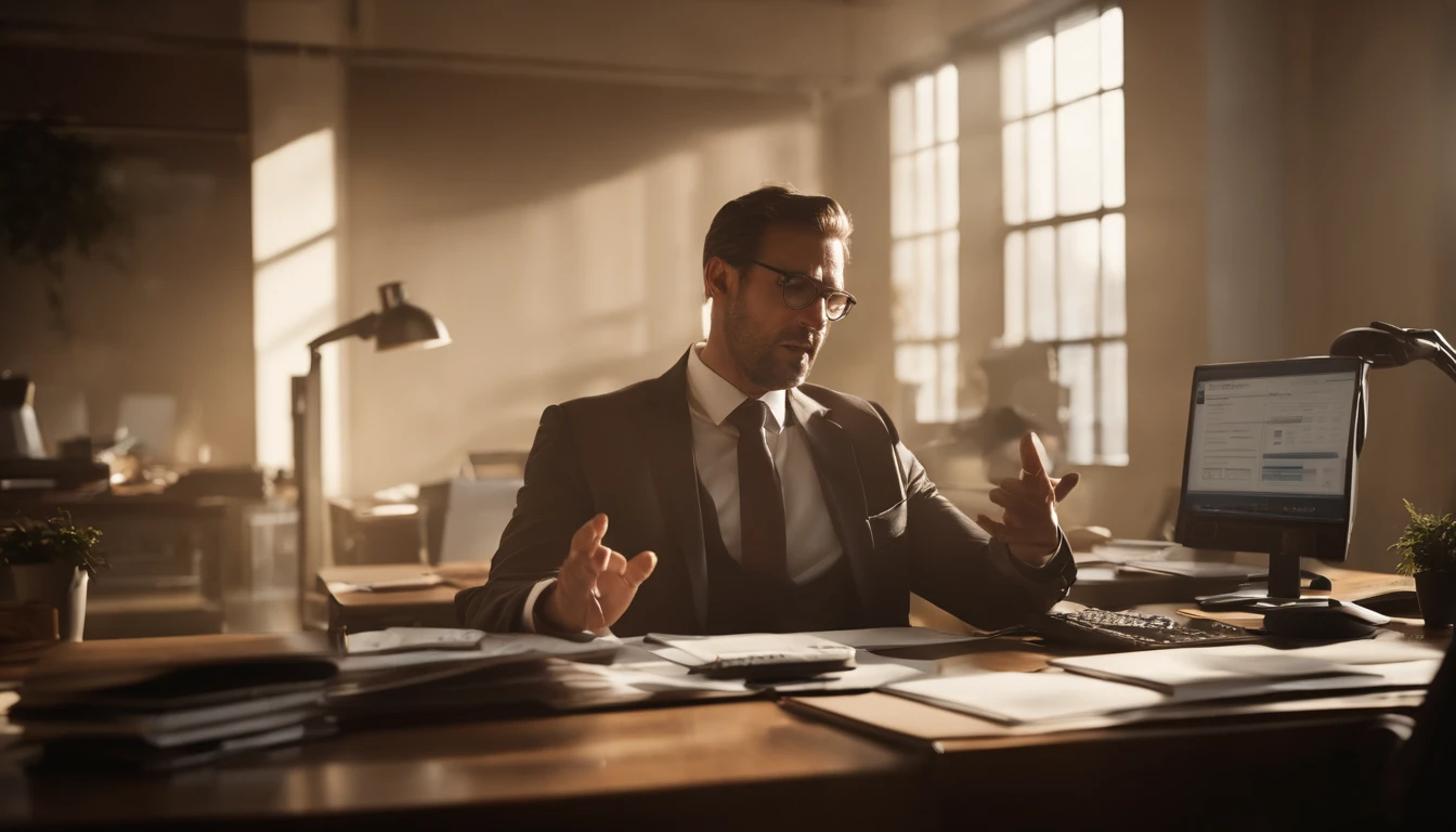 High-quality prompt: "A man inside an office,slamming his hands on his desk,another man looking startled,office setting,professional lighting,realistic details,hardwood desk surface,modern office furniture,polished glass windows,tall filing cabinets,desk phone,computer monitor,distressed expression,stern look,details of facial expressions and hand gestures,professional attire,tense atmosphere,stressed environment,emotional intensity,dramatic action shots,high-resolution image,photo-realistic style,vibrant colors,strong contrast,dynamic composition,indoor lighting,office equipment and supplies,numerous paperwork scattered on the desk and floor,dimly lit room,slanted shadows,mid-afternoon lighting."