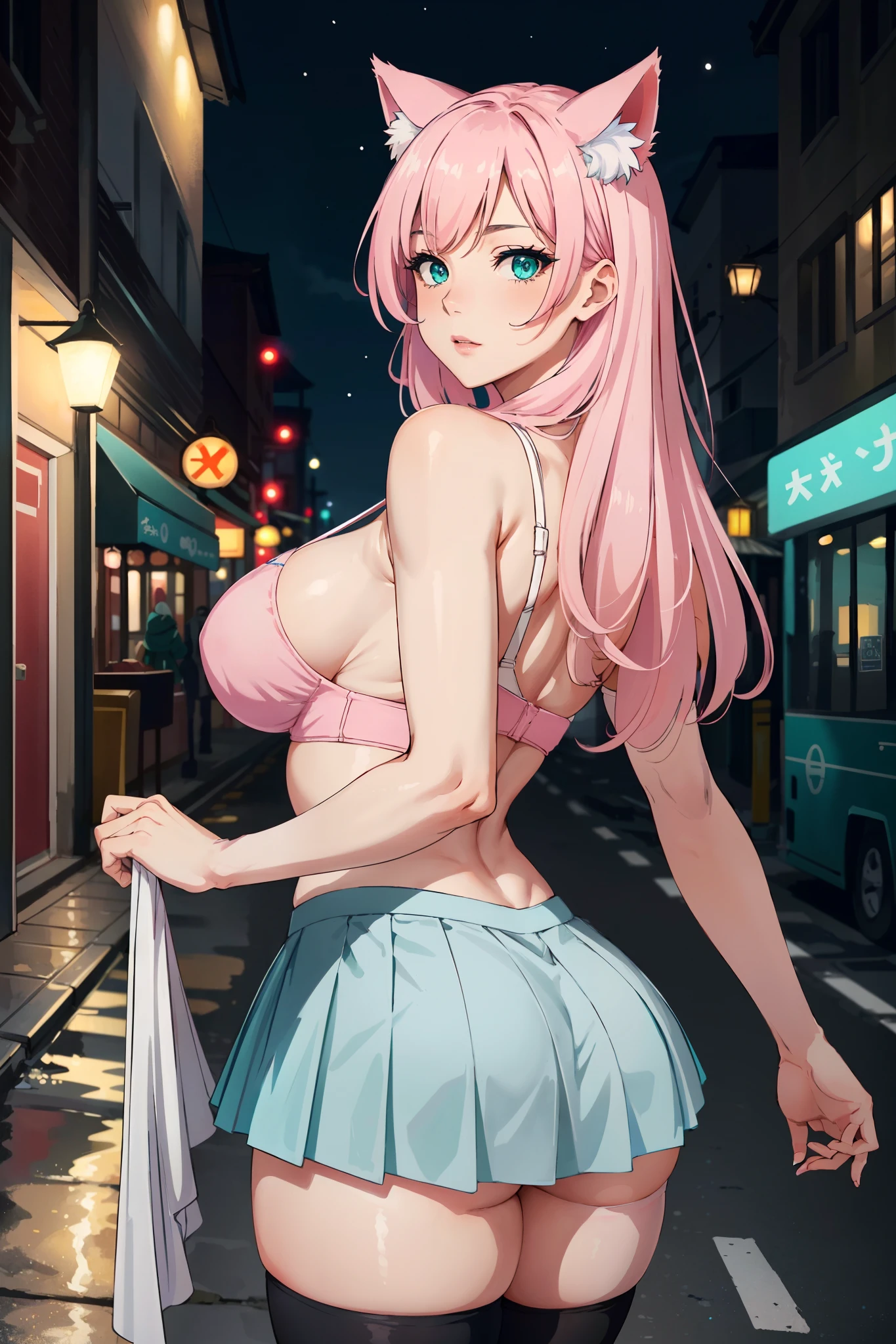 ((mature adult tall woman, mature_face)), (glowing aqua eyes), cat ears, narrow waist, gradient (pink hair), large breasts, large areolae, (oily skin) ,              


(mature woman:1.2), adult, solo, pink long hair, aqua eyes, white bra, (pleated miniskirt:1.3), white panties, rear view, butt focus, night city in background, wind, (masterpiece), (high quality), (best quality), (detailed), hd, perfect lighting, detailed face, detailed body, thick thighs, thicc, ((((thighs gap)))), (((tight thighhighs))), skindentation