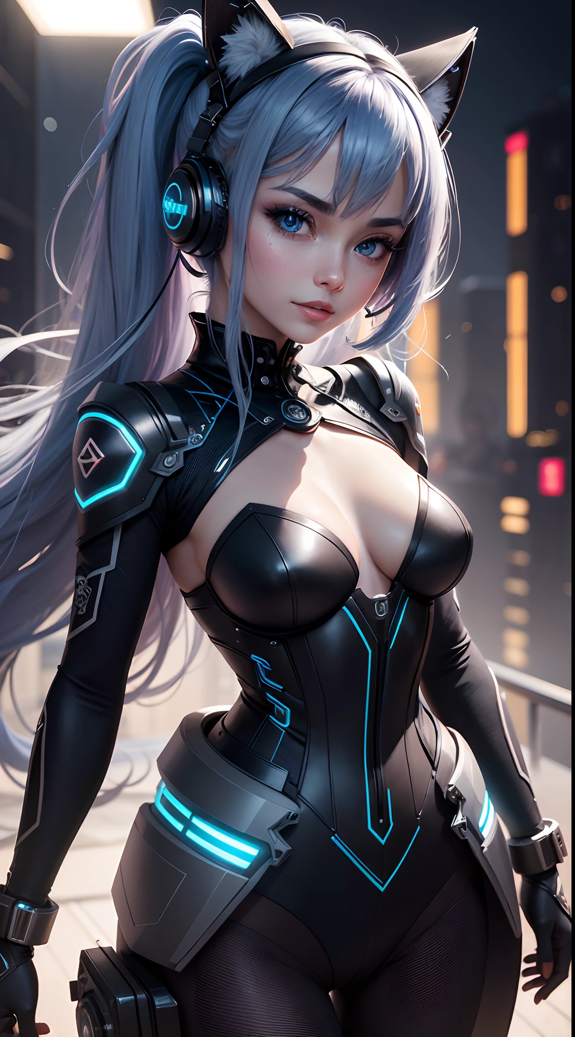 8k, 。...........3D, realista, Ultra Micro Photography, of the highest quality, Super detalle CG Unity 8k,1girl, Ropa japonesa， Titanio negro metalizado y azul oscuro, Armadura de metal negro de titanio，Machinary， Fotorrealista，Cyberhanfu， en Cheongsam， Perssonage Cyber Punk， Ciudad,Illuminated details with headphones and mobiles in your hands， Adornos luminosos para el cabello， Pelo largo blanquecino， Pendientes luminosos，collar brillante，a high-tech city， lleno de maquinaria y elemento futurista， Neon lights，colores azules，luz azul，Laser light，La mejor calidad en el mejor de los casos，tmasterpiece，8k,Luz de borde del personaje，Detalle hiper-alto，Alta calidad，the most beautiful woman in man，smil，The face is symmetrical to the left and right facing the front，Decoration of the corner of the ear，La antena larga emite luz，Textura facial ultra detallada，cheerfulness，Sistemas de armas，Mechs，Antena emisora de luz montada en la cabeza，ojos profundos,(no man)