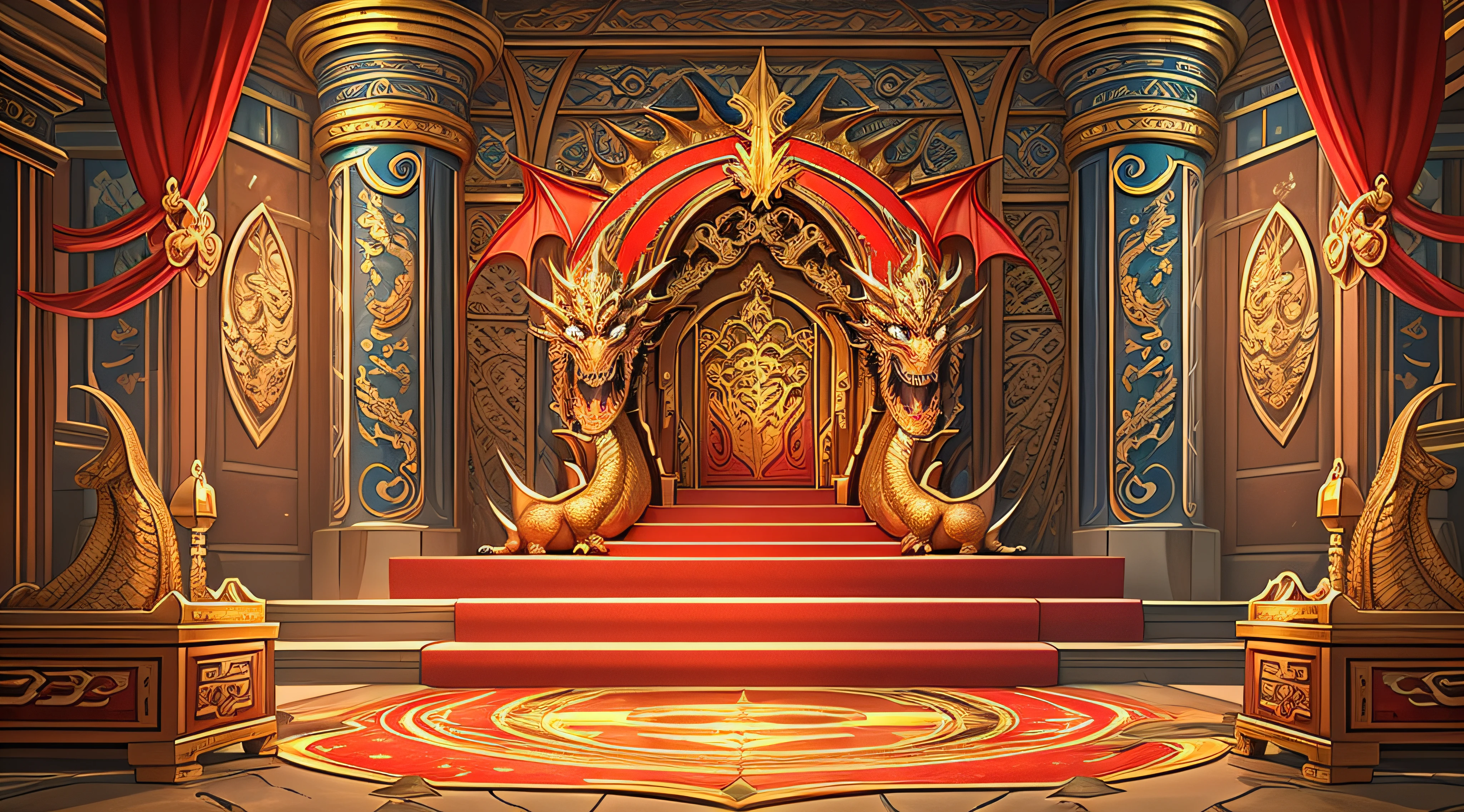 There is a cartoon picture of a room with a red carpet, Throne Room, decadent throne room, rustic throne room, in a throne room, exquisitely designed throne room, palace background, dragon in dragon lair, Golden throne, gold throne, Mobile game background, Temple background, light kingdom backdrop, lying a throne in a fantasy land, background depicting a temple, arena background