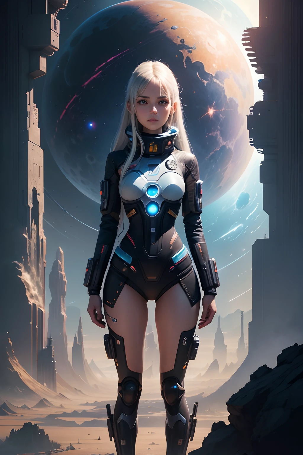 There is a woman standing in front of a painting of a planet, futuristic city in background, psytrance artwork, Interconnected human life forms, panoramic view of girl, Avant-garde rock album cover, dream of the endless, Stardust, milky ways, Stoner Rock - AR 16:9 --V 5.1