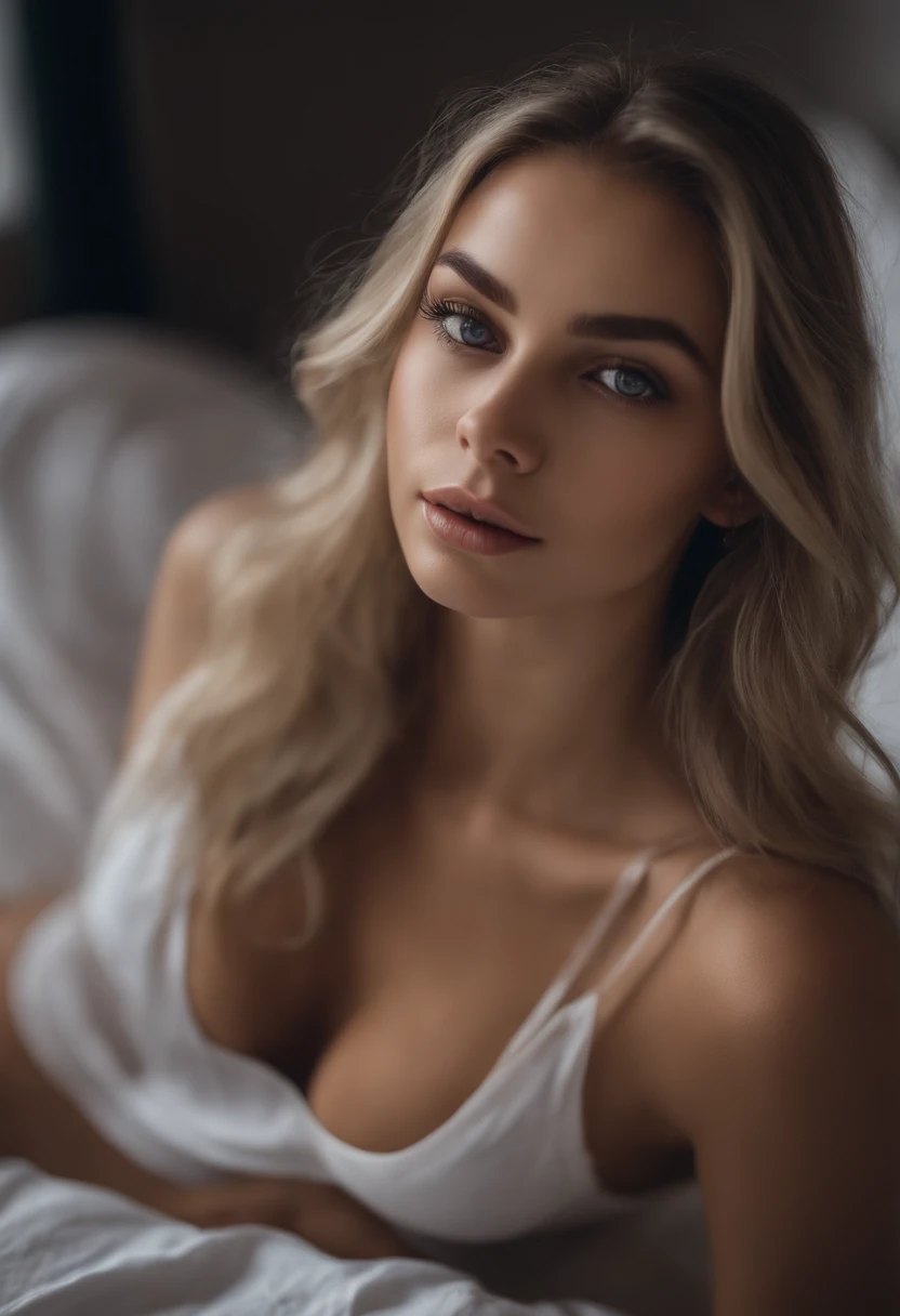 Arafed woman completely , fille sexy aux yeux bleus, ultra realist, Meticulously detailed, Portrait Sophie Mudd, cheveux blonds et grands yeux, selfie of a young woman, Yeux de chambre, Violet Myers, sans maquillage, maquillage naturel, looking straight at camera, Visage avec Artgram, Maquillage subtil, Great photo of the whole body kneeling on the bed, dans la chambre, Medium to large bust