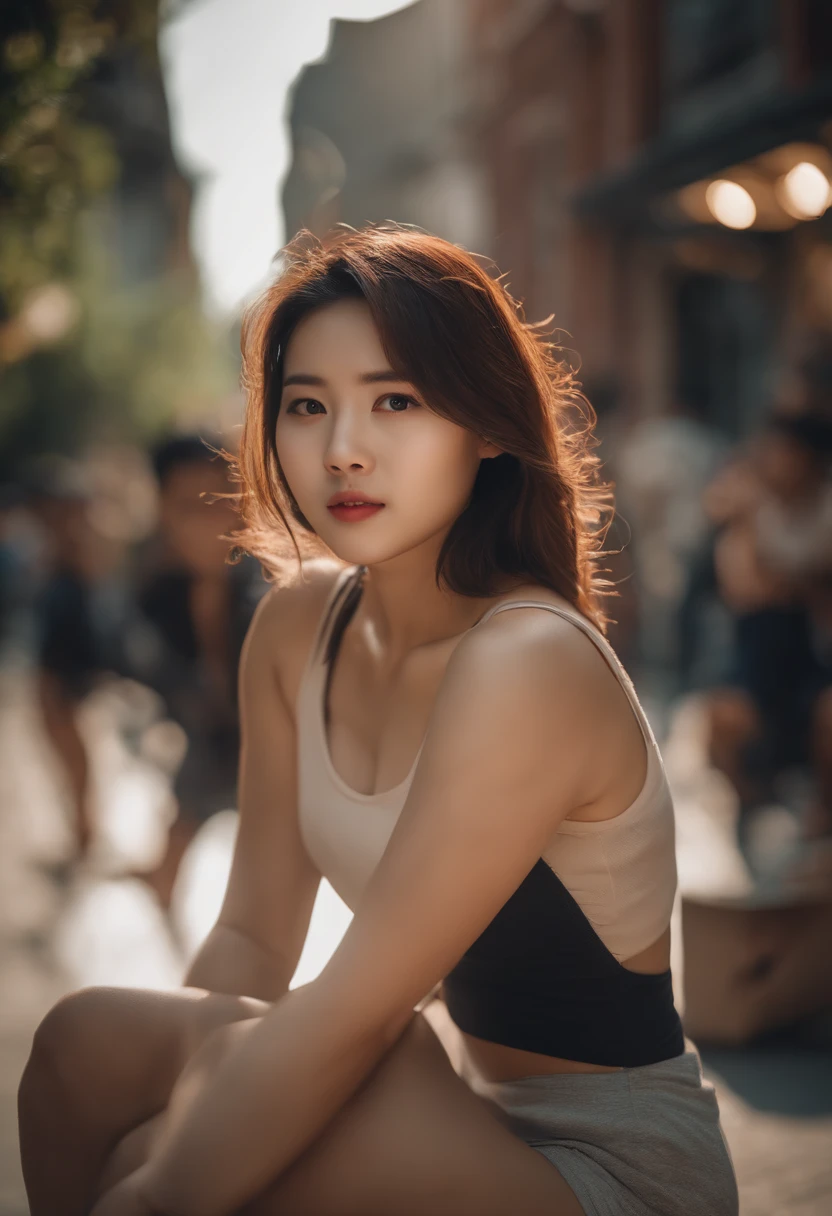 girl, Korean girl wearing sport shorts, crop top, big breast, street, crowded people, emphasis boobs, sitting, leg spread, bokeh, realistic lighting, realistic photo, cinematic color grading, 8k high quality photo, ultra high quality