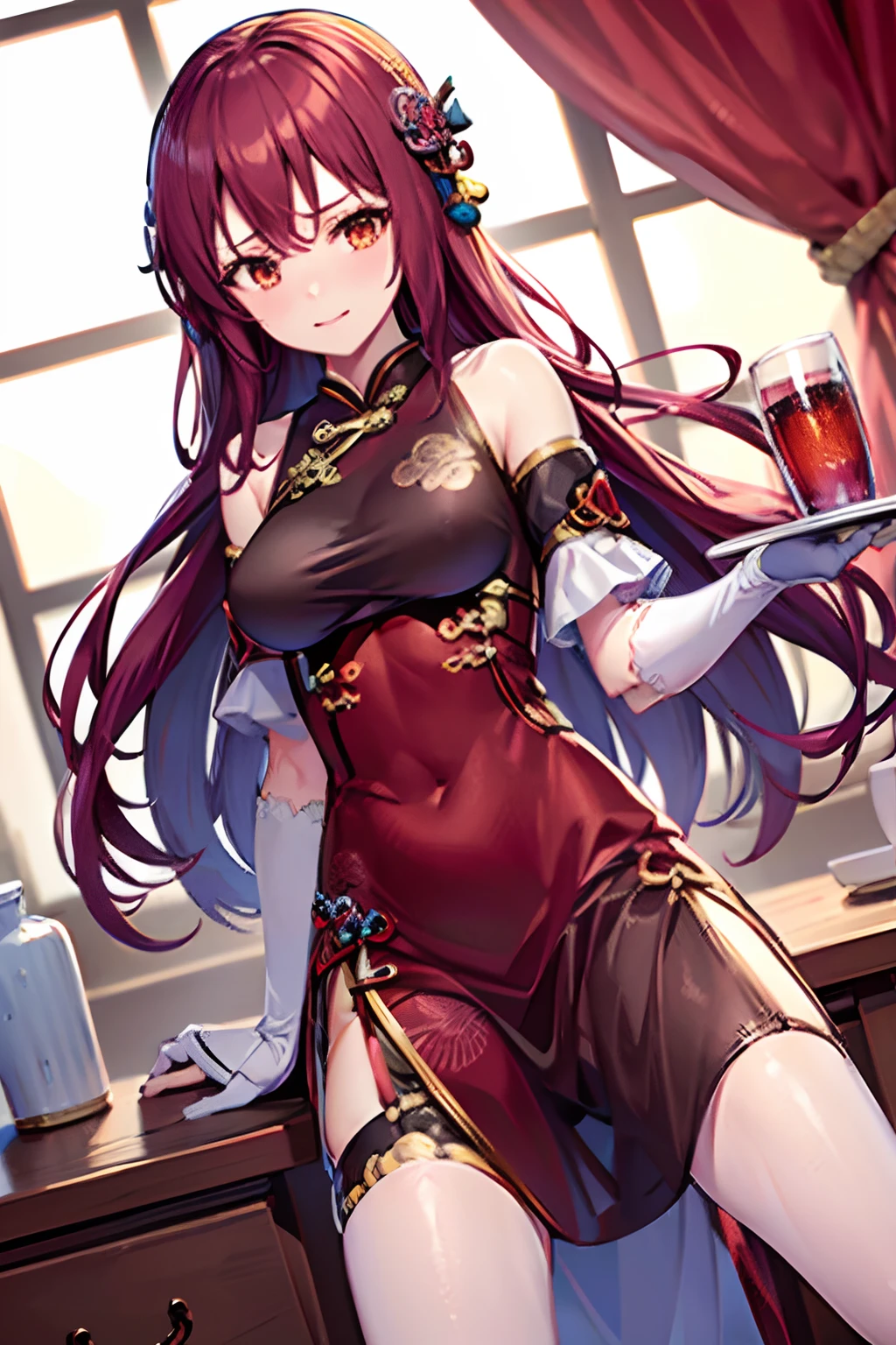 masutepiece, Best Quality,1girl in, (Solo:1.3),Standing,Riyo Kujo,Long hair,Red Eyes,Purple hair,Huge breasts,(qipao dress:1.3)