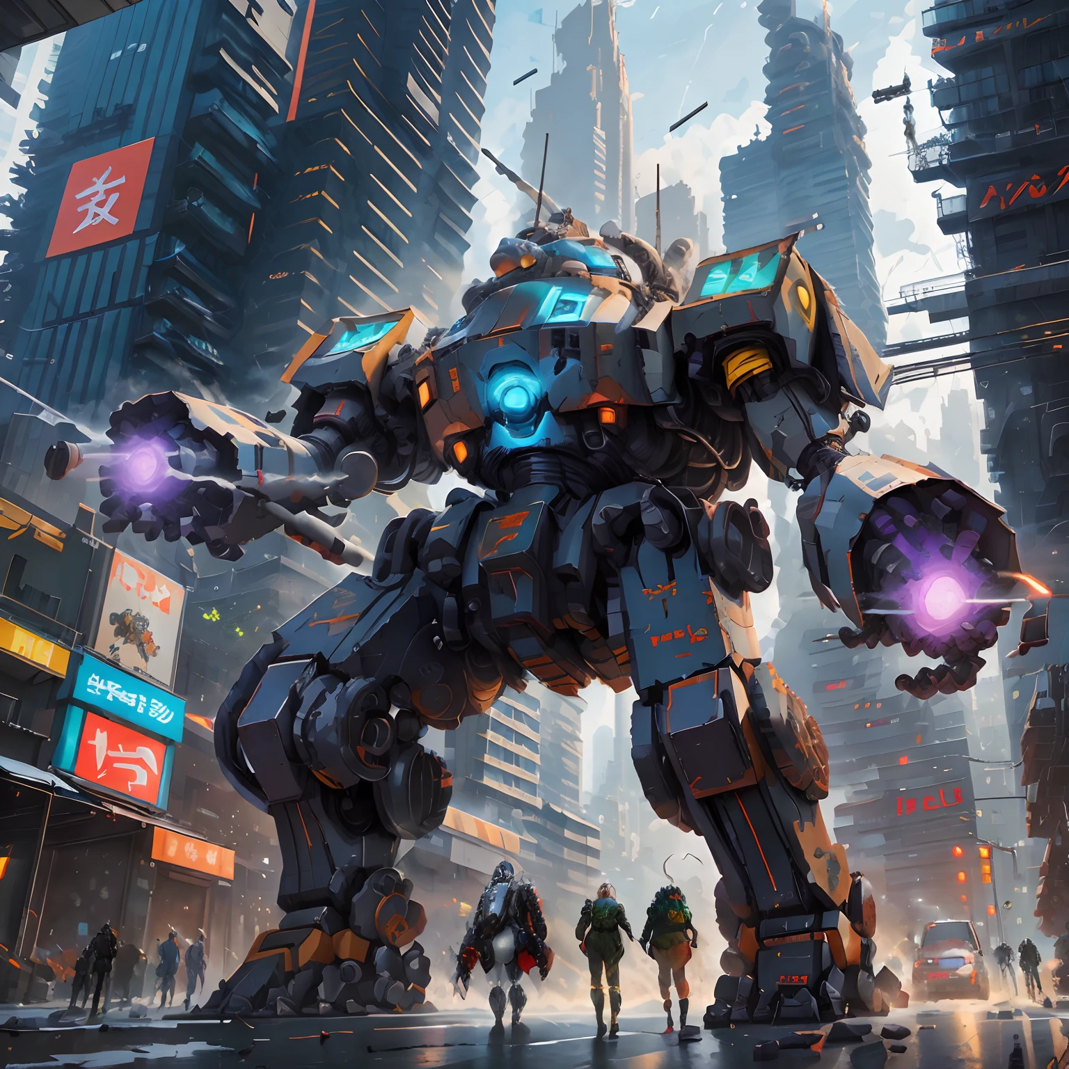 There's a robot that's standing in the middle of a city, Cybernetic robot, Un robot mecha grande anime, Robot gigante, Arte mecha, painterly humanoid mecha, Inspirado en mechas, giant robot mech, Alejandro Ferra Mecha, mech robot futuristic, Arte digital cyberpunk anime, Estilo Cool Mecha, Mecha de anime gigante, Arte conceptual de Mech
