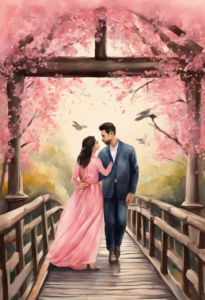 Tanabata Valentine's Day romantic poster，Close up portrait of man and woman kissing on wooden bridge，Peach blossoms bloom on both sides of the river，Countless pink petals fell from the sky，Several magpies were flying around in the sky，