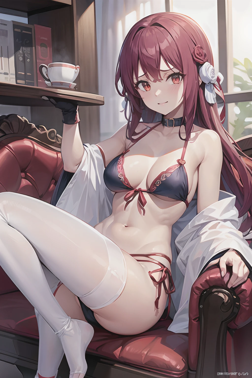 masutepiece, Best Quality,1girl in, (Solo:1.3),Standing,Empty rule generation,Long hair,Red Eyes,Purple hair,Huge breasts,(The bikini:1.3)
