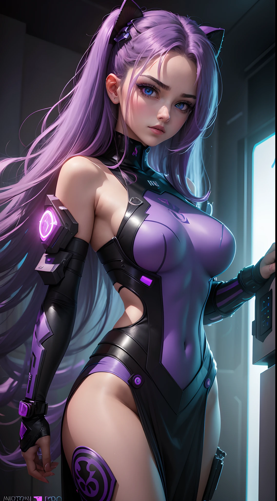 Create an extraordinary 8K masterpiece featuring the face portrait of an 18-year-old stern anime girl. She possesses striking blue eyes and long, two-toned light lavender purple hair. Her overall appearance exudes a gamer girl aesthetic, and she's dressed in a stylish blue outfit. Position the character within a room bathed entirely in bright neon purple lights, creating a cyberpunk-inspired ambiance. The entire room should be illuminated with neon purple light, with no visible details of the room except for the vibrant glow. This setting creates a blurred background effect that enhances the overall ambiance. The character's makeup should be meticulously crafted, with impeccable red lipstick, eyelashes, and ultra-detailed eyes. Pay special attention to the ultra-detailed face, lips, and the unique hair intakes that make her distinctive. Her very long hair should be a prominent feature in this portrait, enhanced by cinematic lighting to accentuate her striking features. Add a touch of mystique to the artwork by including an ancient scroll with the words 'ME♡XO' written on it, held or displayed prominently within the composition. This scroll should be a key element of the portrait. The character's eyes should emit a captivating blue glow, aligning perfectly with the gamer theme. The final result should be a true masterpiece, emphasizing amazing details in this 8K face portrait. It should capture the essence of a unique and stern anime gamer girl while focusing solely on her face, with the entire room illuminated by neon purple light.