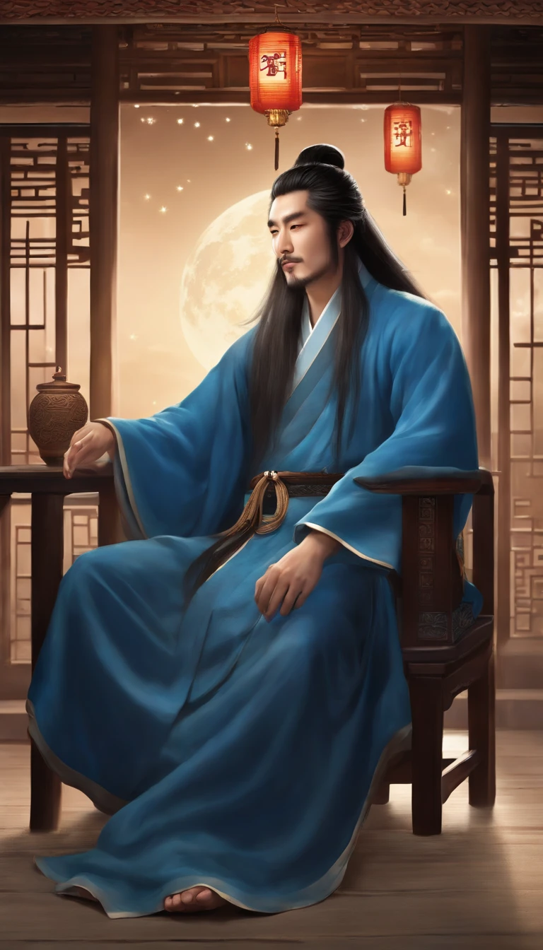 Tang dynasty middle-aged male poet, Dressed in Tang Dynasty costumes, long whitr hair, Wearing a blue robe, Wear cloth shoes, laying on the chair, Looking at the night sky, Laugh and drink, Autumn nights, There are stars, Chinese Ancient Architecture, Dashing artistic conception, Black hair, Long hair, hair adornments, Hollow eyes, covering ears, Daoyagao, Genre painting, Cinematic lighting, Close-up, hyper HD