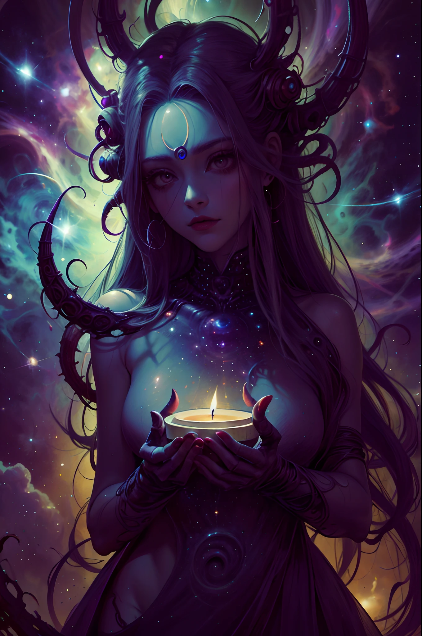 medusa estilo cosmic horror, figurra assustadora, apenas luz de velas