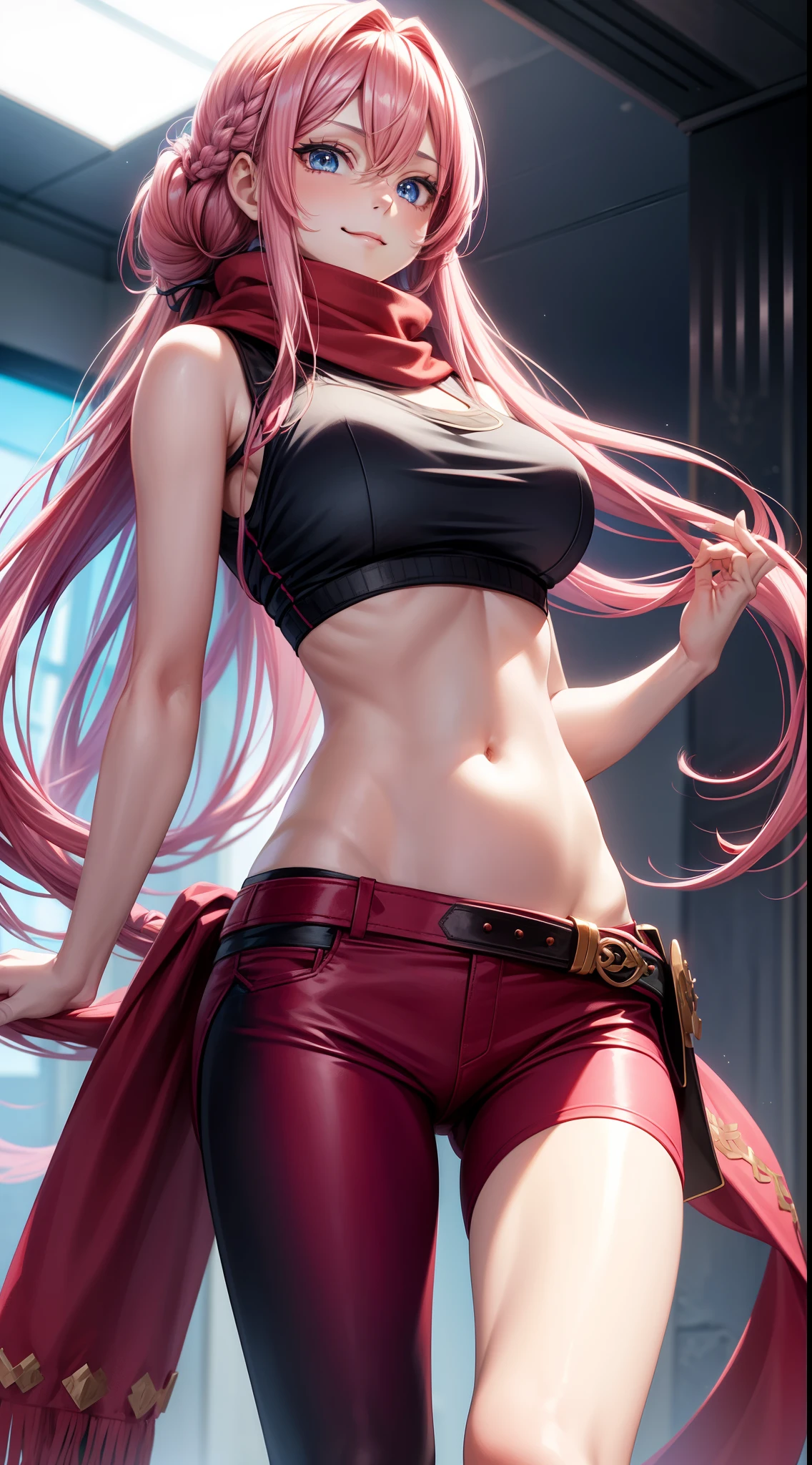 ((Zero Two Darling en el Franxx)), 8k, Obra maestra, La mejor calidad, fotorrealista, Ultra detallado, 1 girl, textura realista de la piel, senos grandes, (((Vemos su))), Mira hacia el espectador, , Camiseta suelta de medio corte,, Underboobs, debajo de los senos, Micro mini falda, , movie lighting, Enfoque facial, Ojos finos, Cara detallada, Cara bien iluminada, Rayos de sol, Bailar en un ambiente ciberpunk, Low-angle shot, Vista desde abajo
