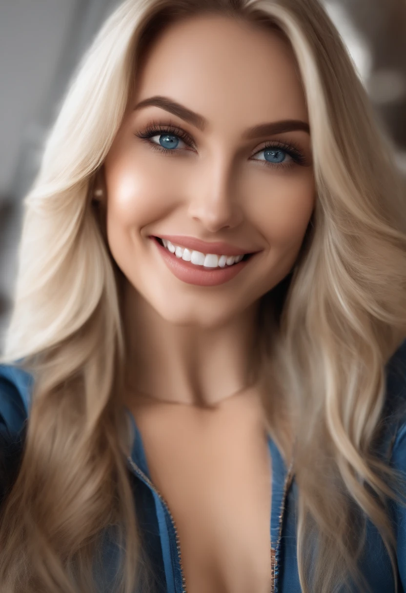 arafed woman fully, sexy girl with blue eyes, ultra realistic, meticulously detailed, blonde hair and large eyes, selfie of a young woman, without makeup, natural makeup, face with artgram, subtle makeup, in the gym, butt in leggins, taking selfie in the mirror, medium to large size bust, full body and legs visible, wide smile teeth