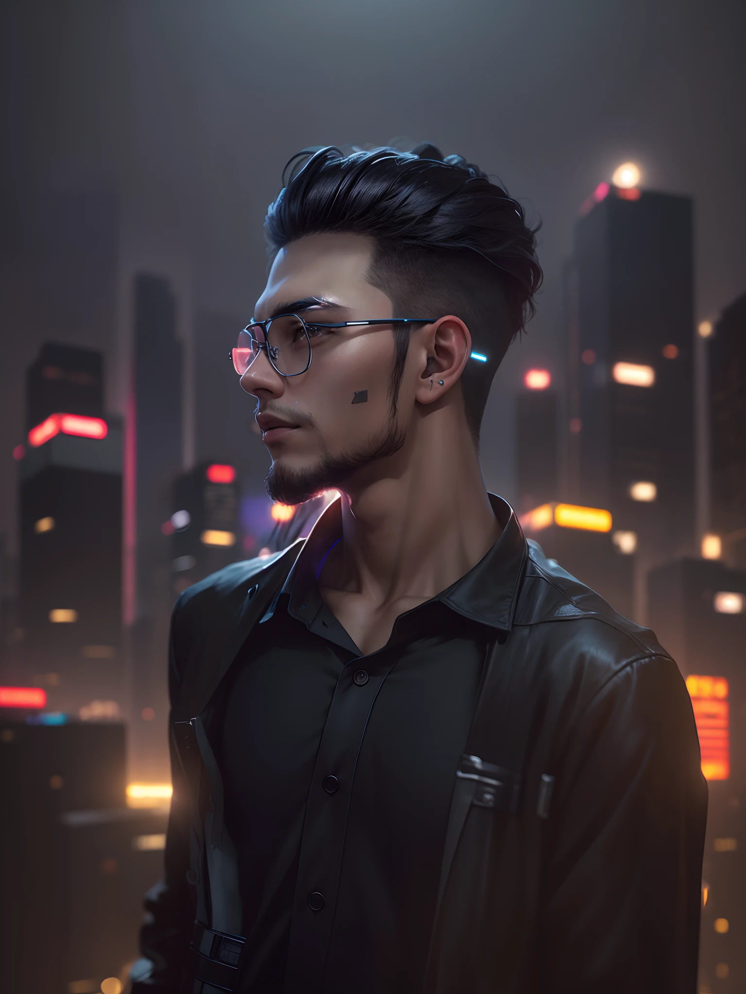 top-quality、masterpiece、超A high resolution、(Photorealsitic:1.4)、Raw foto、21-year old man wearing cyberpunk style round glasses、(night city background:1.2)
