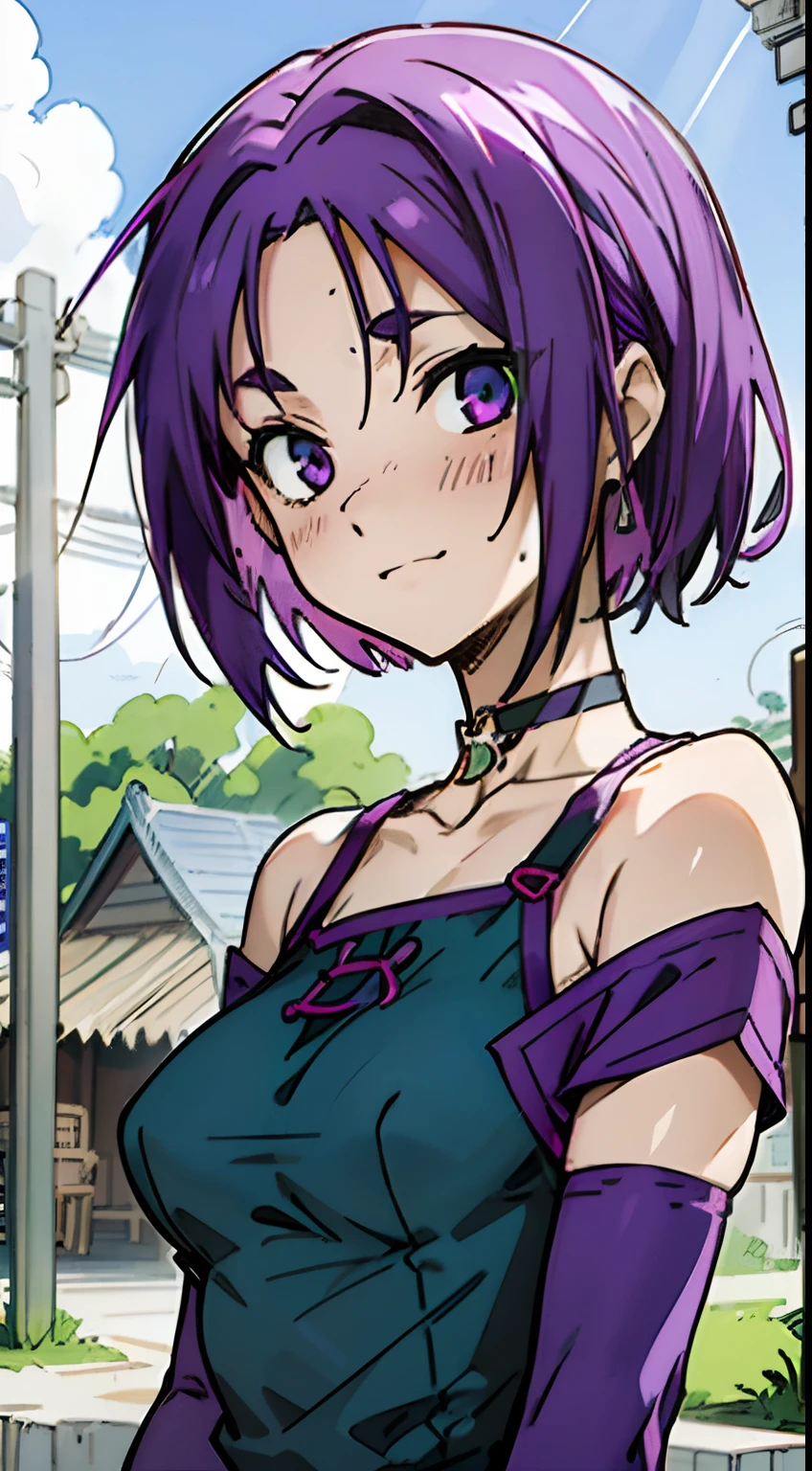 Masterpiece, Best quality, Ultra-detailed, Off-the-shoulder attire, Colorful,take up close, Hyper-detailing,purple color hair, reo mikage, bluelock, no sleeves, camisole, blue camisole, cheongsam, chinese clothes, chest exposure, underwear, the kinky is exposed, choker, arm warmers, sexy breasts, scar, big breasts, red blush, 1girl, Solo, sharpy face, heterochromia, green eyes, purple eyes, Bare neck, happiness face, rays of sunshine, brautiful sky, shining sky, teara, slum town