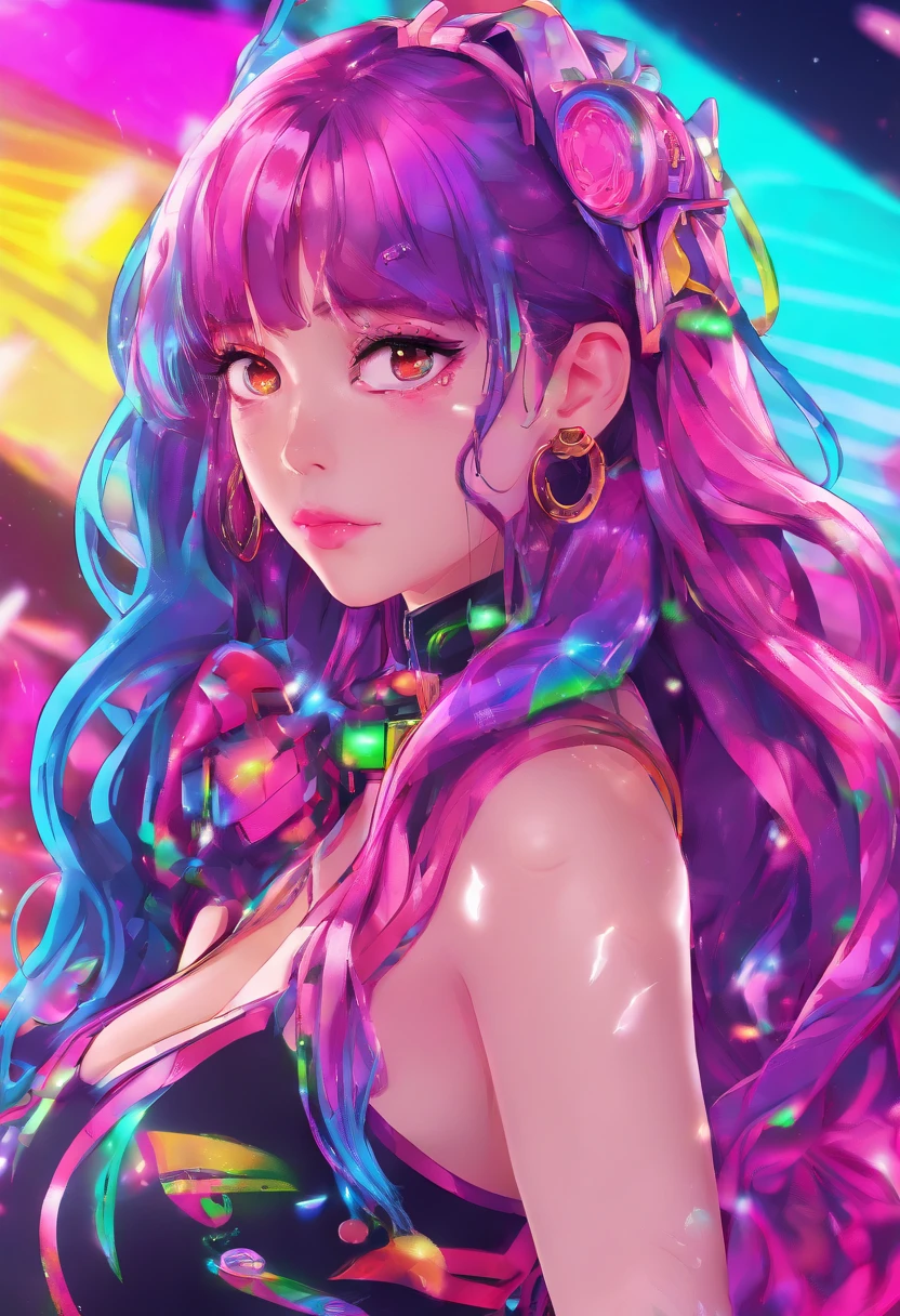 {{masterpiece}}, best quality, extremely detailed CG unity 8k wallpaper, cinematic lighting, lens flare, beautiful detail eyes, black,  side glance,  multicolor hair, colorful light, particles, heterochromia, (colorful:1.5), (colorful hair:1.5),