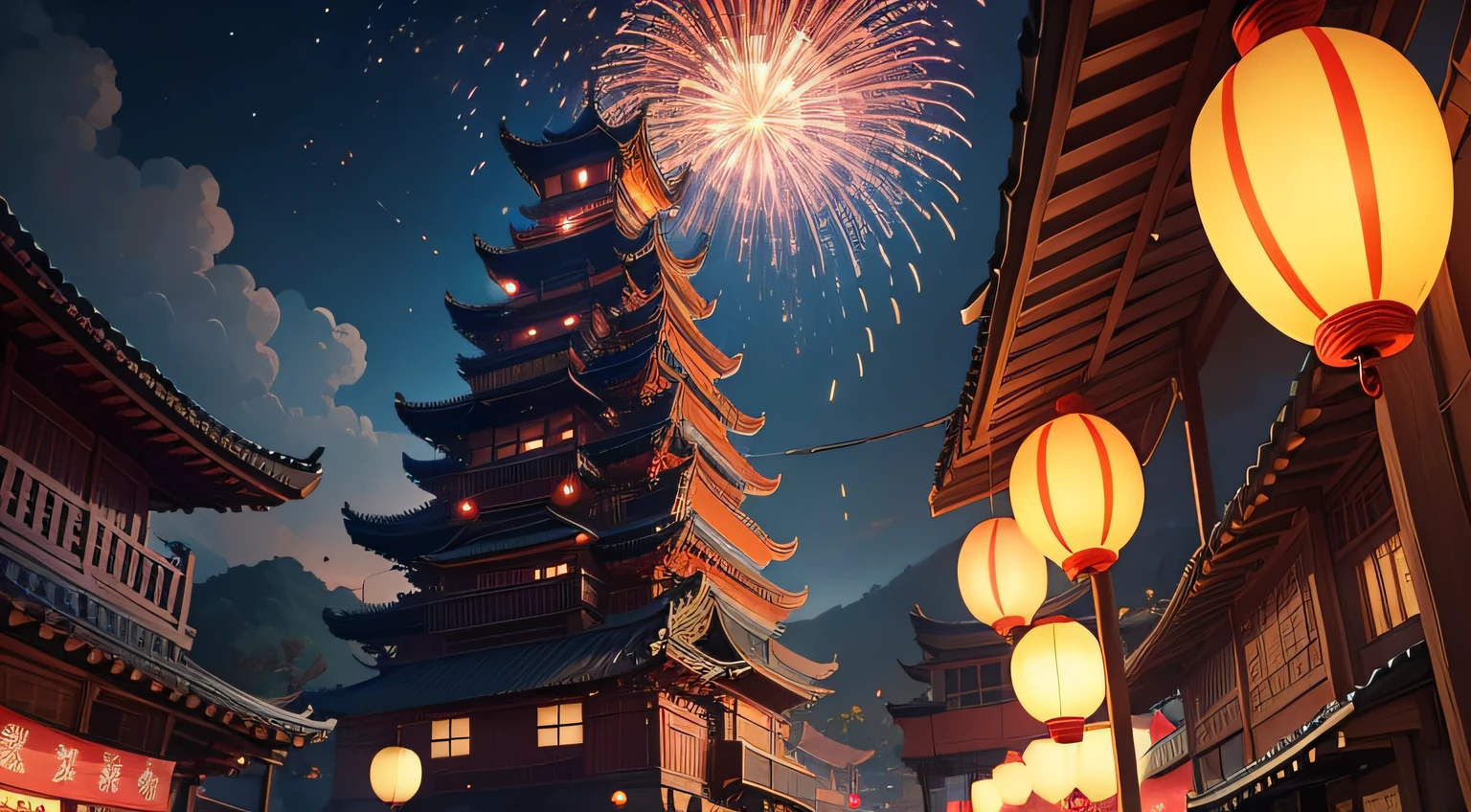 Fireworks and lanterns are lit in Taiwanese cities, background artwork, background art, Onmyoji detailed art, A dreamy Taiwanese village, Summer Festival Night, G Liulian Art Style, fireworks show, ros tran. scenic background, animation background art, beautiful artwork illustration, making: Shitao, trending in CGSTATION, colorful anime movie background