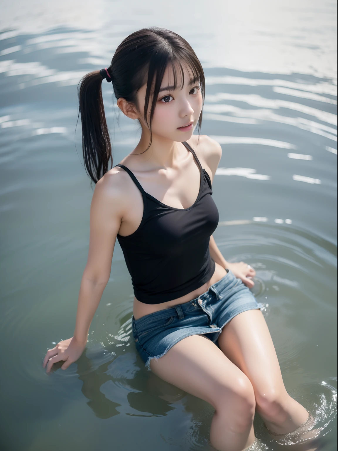 年轻，(a miniskirt)，tshirts，teens girl，Delicate body，petite body，Delicate body，small tits，tiny chest，Short，A dark-haired，low twintails，playing in the water