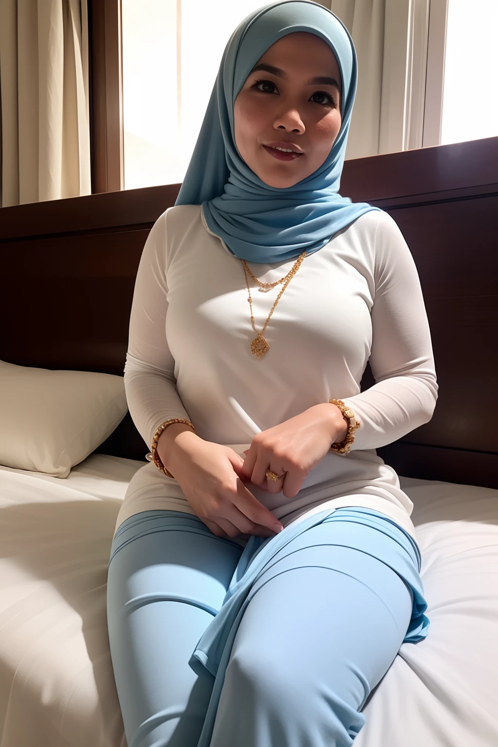 matured malay woman in hijab naked sleeping in bed portrait photography, lying in bed naked, mid shot photo, ultra detail, professional photograph with professional lighting, smile, light blue bed, bedroom, sexy seducing sleep pose, curvy