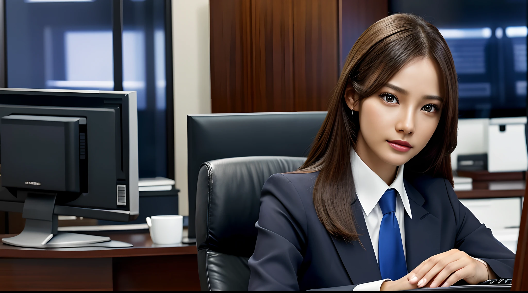 8k,  realistic,  high_resolution,  high detailed,  masterpiece,  realistic highlight,  1girl,  beautifull  detail eyes,  realistic skin tone,  secretary suit,  behind the desk,  computer,  Eye level angle,  Very wide shot,  deluxe office room,  gh3a,  looking_at_viewer,