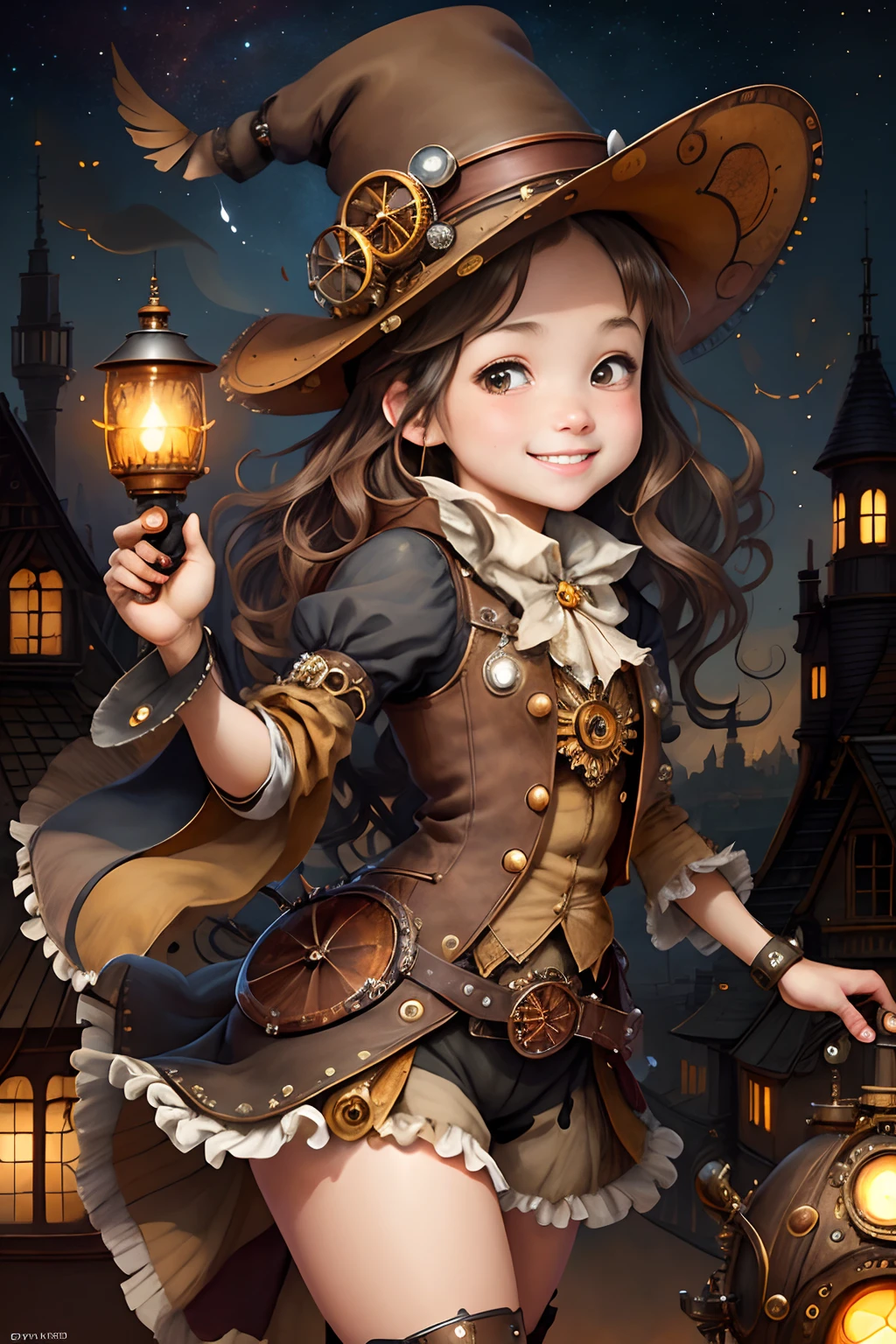 steampunkai。one girls。Cute girl s。Cute witch。Cheerful smile。long wavy brown ash hair。Fly in the daytime sky on a steampunk broom。The background is a steampunk cityscape。