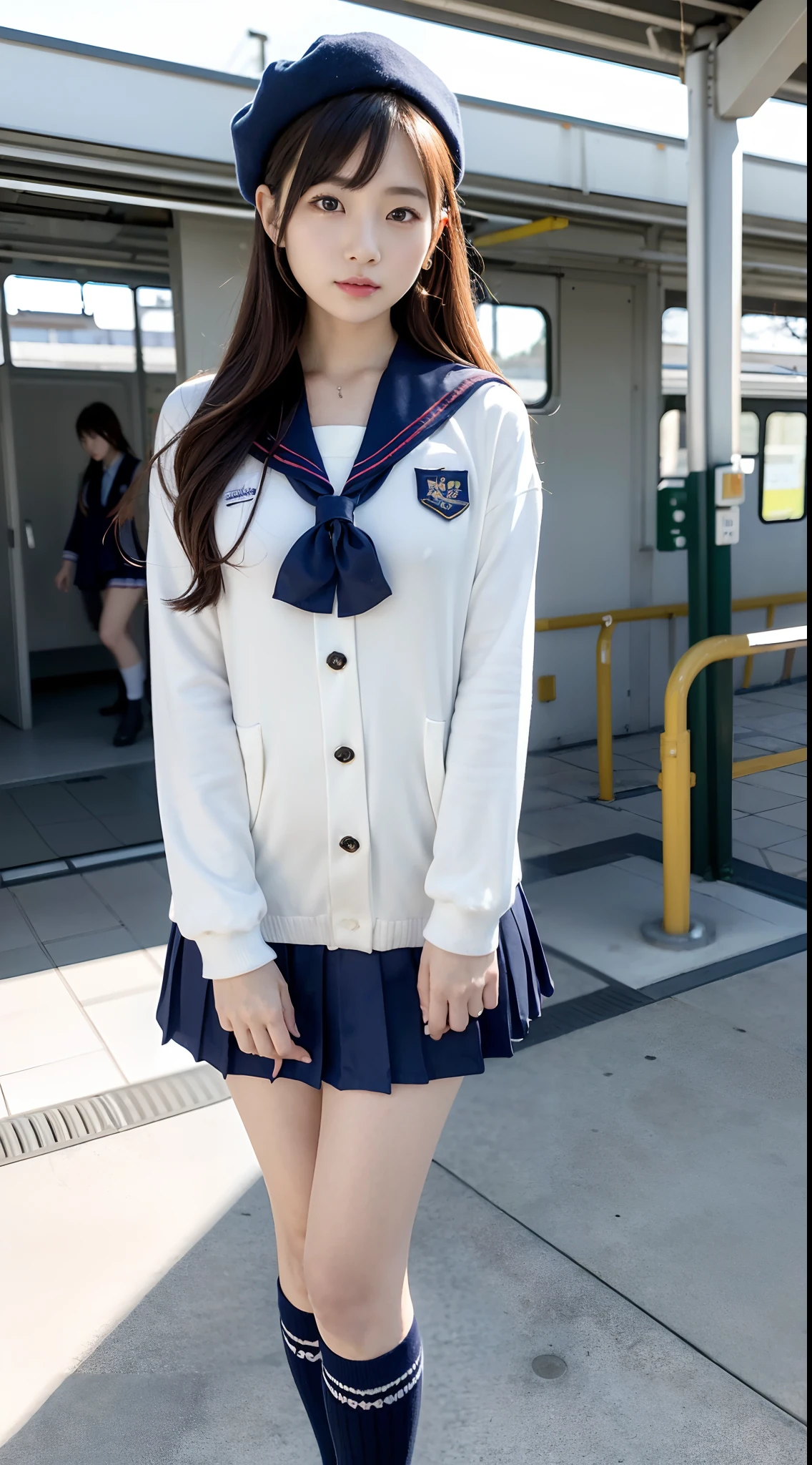 mix4, (16 K, Raw photography, Top image quality, ​masterpiece: 1.45), (realisitic, Photorealsitic: 1.37), one girls, 7．5, etc、Random hairstyle、Standing figure，Daytime、a very cute,Station platform,, profetional lighting, photon maping、physically-based renderingt, Gradient dark brown hair,Crisp backgrounds and high resolution, a handsome, Well-groomed and beautiful eyes、Large double eyelids、Very shiny、girl with, (((student clothes、Winter clothes、Sailor suit worn by Japan girl、Navy blue sailor color、scarf、a miniskirt, Small beret、high socks、lowfers))), Top Quality Photos, hight resolution, 1080p, (clearface), (Detailed face description), (Detailed hand description), (​masterpiece), (Exquisite CG)、extreme light and shadows、dishevled hair、master work、abundant detail、(Fine facial features)、(top quality photo)、(masuter piece)、(A detailed eye)、Look in front of you、Fine clavicle、((Slender big))、(((Japan schooln sailor suit)))、((Idle system))、((Station platform、wicket、train track、railroad crossing))、(((neat and cute)))、耳Nipple Ring、A big smile、Drawing the whole body from the knees、Do not draw nasolabial folds、(((Long sleeve sailor suit)))、(Big breasts that hang down big:1.2)、Big buttocks with tension、Two arms and two legs、(((from the front side:0.3)))、bare hand、No mask、No skin exposure
