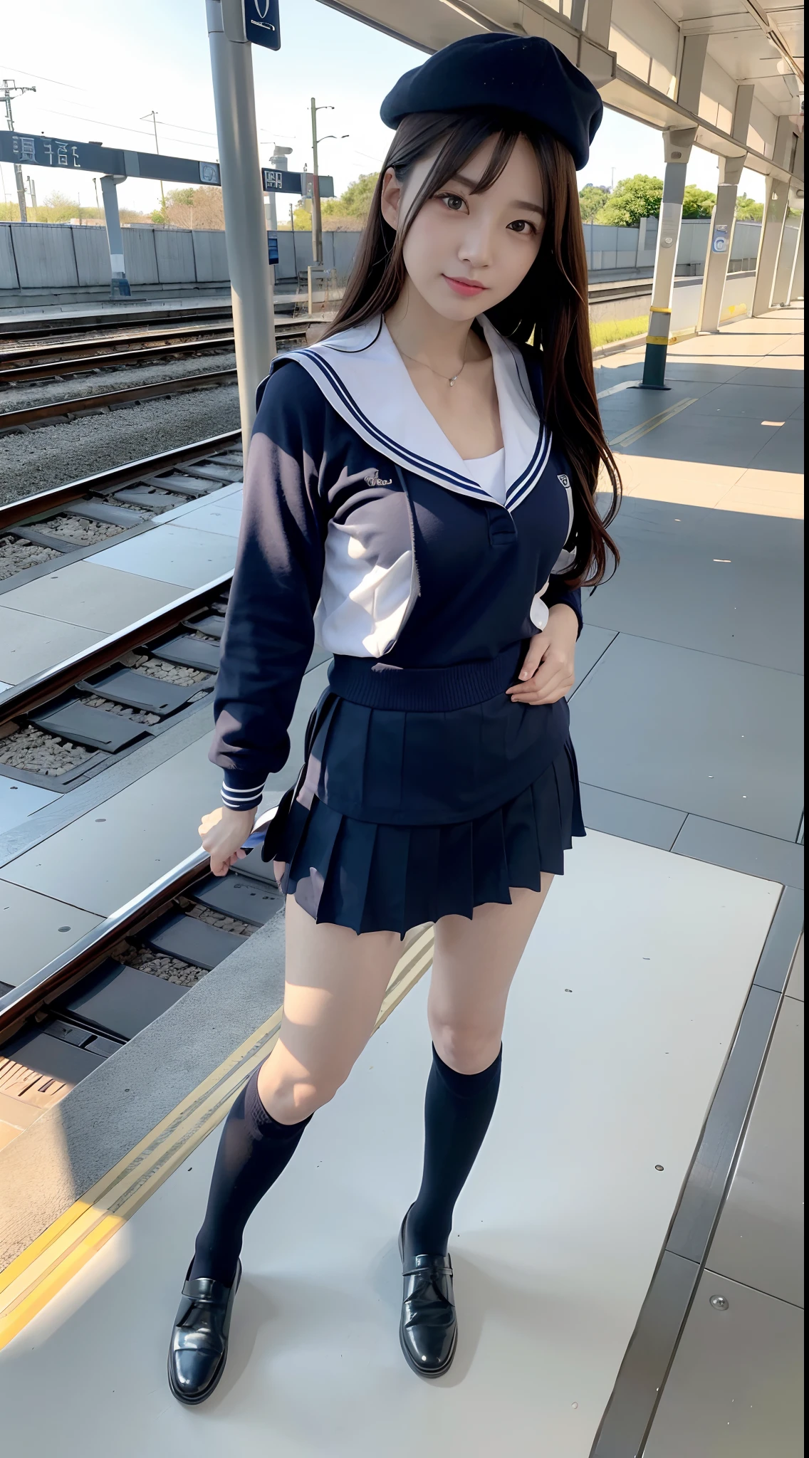 mix4, (16 K, Raw photography, Top image quality, ​masterpiece: 1.45), (realisitic, Photorealsitic: 1.37), one girls, 7．5, etc、Random hairstyle、Standing figure，Daytime、a very cute,Station platform,, profetional lighting, photon maping、physically-based renderingt, Gradient dark brown hair,Crisp backgrounds and high resolution, a handsome, Well-groomed and beautiful eyes、Large double eyelids、Very shiny、girl with, (((student clothes、Winter clothes、Sailor suit worn by Japan schoolgirl、Navy blue sailor color、scarf、a miniskirt, Small beret、high socks、lowfers))), Top Quality Photos, hight resolution, 1080p, (clearface), (Detailed face description), (Detailed hand description), (​masterpiece), (Exquisite CG)、extreme light and shadows、dishevled hair、master work、abundant detail、(Fine facial features)、(top quality photo)、(masuter piece)、(A detailed eye)、Look in front of you、Fine clavicle、((Slender big))、(((Japan schoolgirl in sailor suit)))、((Idle system))、((Station platform、wicket、train track、railroad crossing))、(((neat and cute)))、耳Nipple Ring、A big smile、Drawing the whole body from the knees、Do not draw nasolabial folds、(((Long sleeve sailor suit)))、(Big breasts that hang down big:1.2)、Big buttocks with tension、Two arms and two legs、(((from the front side:0.3)))、bare hand、No mask、No skin exposure