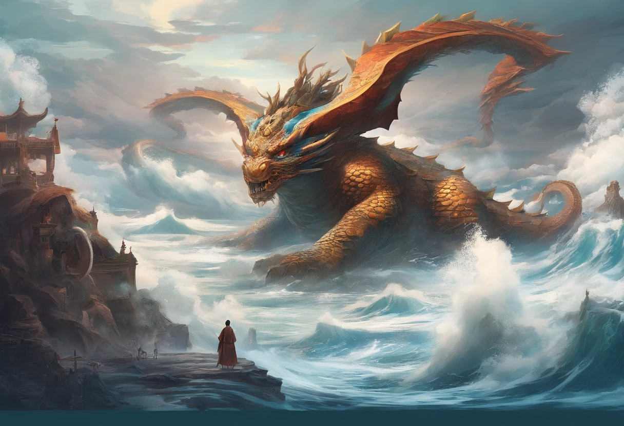 china style，Chinese mythology，Dragon Turtle，Longhorn Faucet，Tortoise body，Heavy tortoiseshell shell，The tail of the snake grows，the presence of horns on the head，tosen，Ferocious，immensity，Eyes emit blue light，Mare，Huge waves，Surrounded by clouds，中景 the scene is，Full body like， Highly detailed surreal VFX，OC rendering， - AR 16:9 --q 2 --s 1000