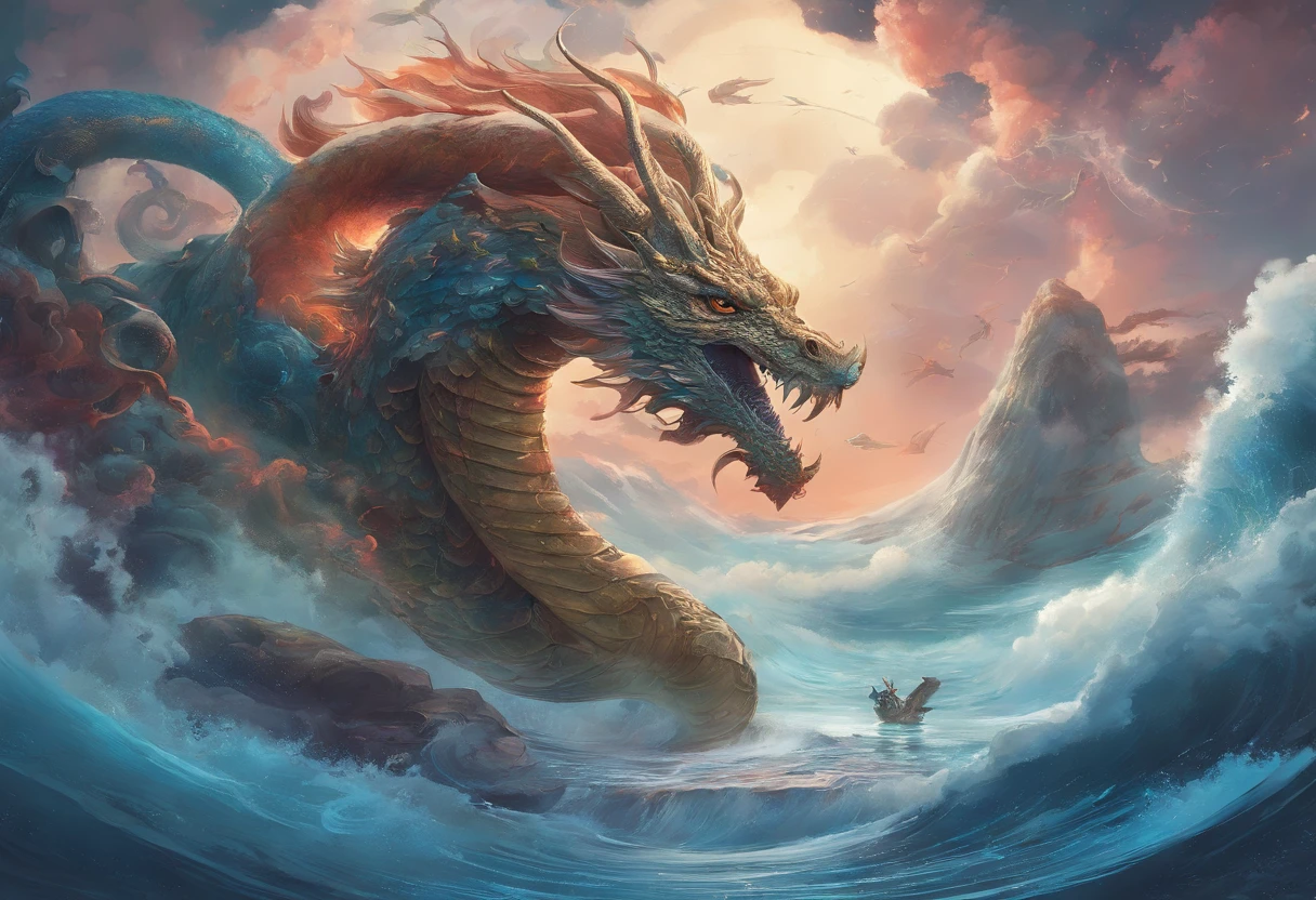china style,Chinese mythology,Dragon Turtle,Longhorn Faucet,Tortoise body,Heavy tortoiseshell shell,The tail of the snake grows,the presence of horns on the head,tosen,Ferocious,immensity,Eyes emit blue light,Mare,Huge waves,Surrounded by clouds,中景 the scene is,Full body like, Highly detailed surreal VFX,OC rendering, - AR 16:9 --q 2 --s 1000