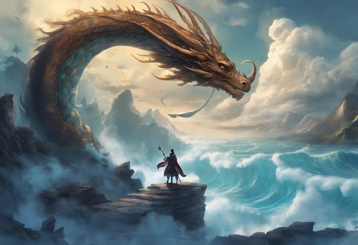 china style,Chinese mythology,Dragon Turtle,Longhorn Faucet,Tortoise body,Heavy tortoiseshell shell,The tail of the snake grows,the presence of horns on the head,tosen,Ferocious,immensity,Eyes emit blue light,Mare,Huge waves,Surrounded by clouds,中景 the scene is,Full body like, Highly detailed surreal VFX,OC rendering, - AR 16:9 --q 2 --s 1000