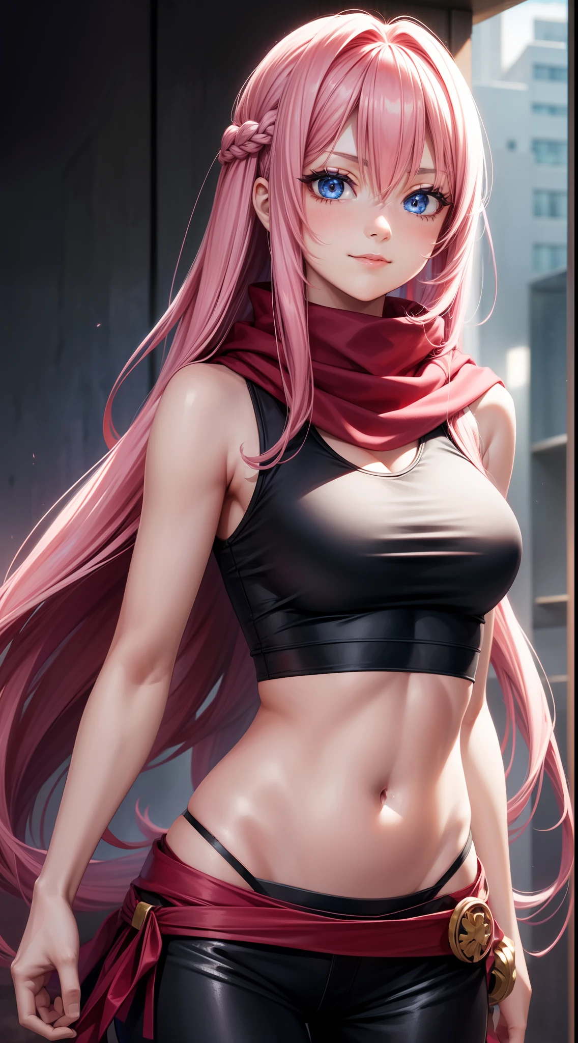 young girl, long pink hair, Iroquois hairstyle, blue eyes, smirk, Black tight top, red tight pants, open belly, Sleeveless, a scarf, Masterpiece, hiquality, 4k, HD, Good detail
