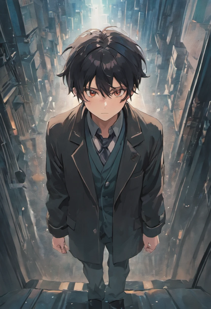 "From a bird's-eye view, illustrate a lean man with flowing black hair, donned in a lab coat, as he lies grievously wounded in a narrow, rain-drenched alley. The raindrops merge with the darkening stain on his coat, painting a poignant scene of a fallen scientist."