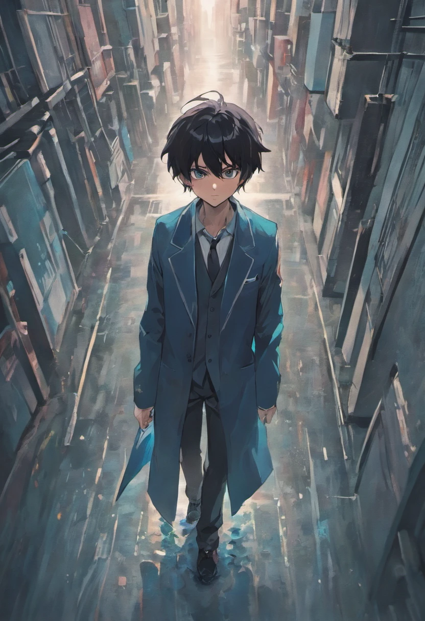 "From a bird's-eye view, illustrate a lean man with flowing black hair, donned in a lab coat, as he lies grievously wounded in a narrow, rain-drenched alley. The raindrops merge with the darkening stain on his coat, painting a poignant scene of a fallen scientist."