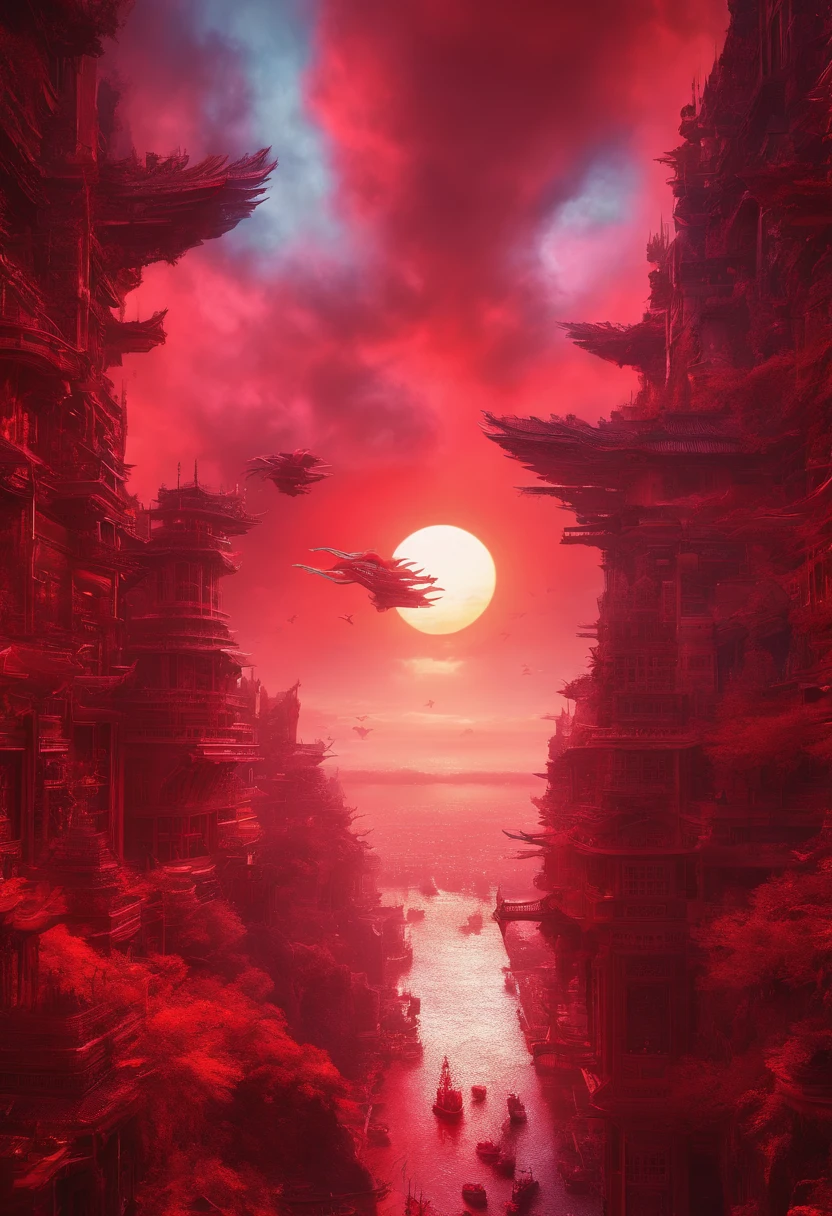 There is a red poster,There is a castle flying over the forest of the Avatar landscape,(Flying Island in the Sky:1.5), Floating mountains,amazing exquisite matte painting, The Way of Water,Hallelujah Hill，(Hallelujah Hill:1.5), A giant ancient city suspended in the air:1.5,Movie dystopia, Beautiful rendering of the Tang Dynasty, red sun over paradise, Epic red , Glowing castle in the distance, Cyberpunk ancient city, luminescent matte painting, Big Red Sun,, Fantastic futuristic city,(Flying Phoenix:1.5),Dutch Golden Age painting, Fuji colors, Sparkle, Blurry, fading border, partial underwater shot, Masterpiece, Award-Awarded, A high resolution, 1080p, 8K,in a red dream world, A beautiful artwork illustration, fresh flowers,ln the forest, matte painting in fantasy style,Cubist futurism, cubismo, romanticism lain, surrealism, Cinematic lighting, god light, Fuji colors, Sparkle, in a panoramic view, Perspective, vanishing point, Sony FE GM, 8K,