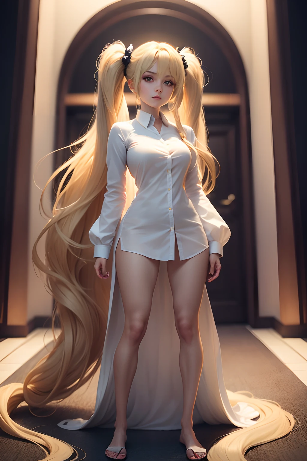 Pretty women, in a white shirt, Full body portrait, Perfect face and nice perfect face, Surreal concept, 8K resolution, photographic quality, Posing for a photo, photographrealistic,(Long-haired blonde twintails),