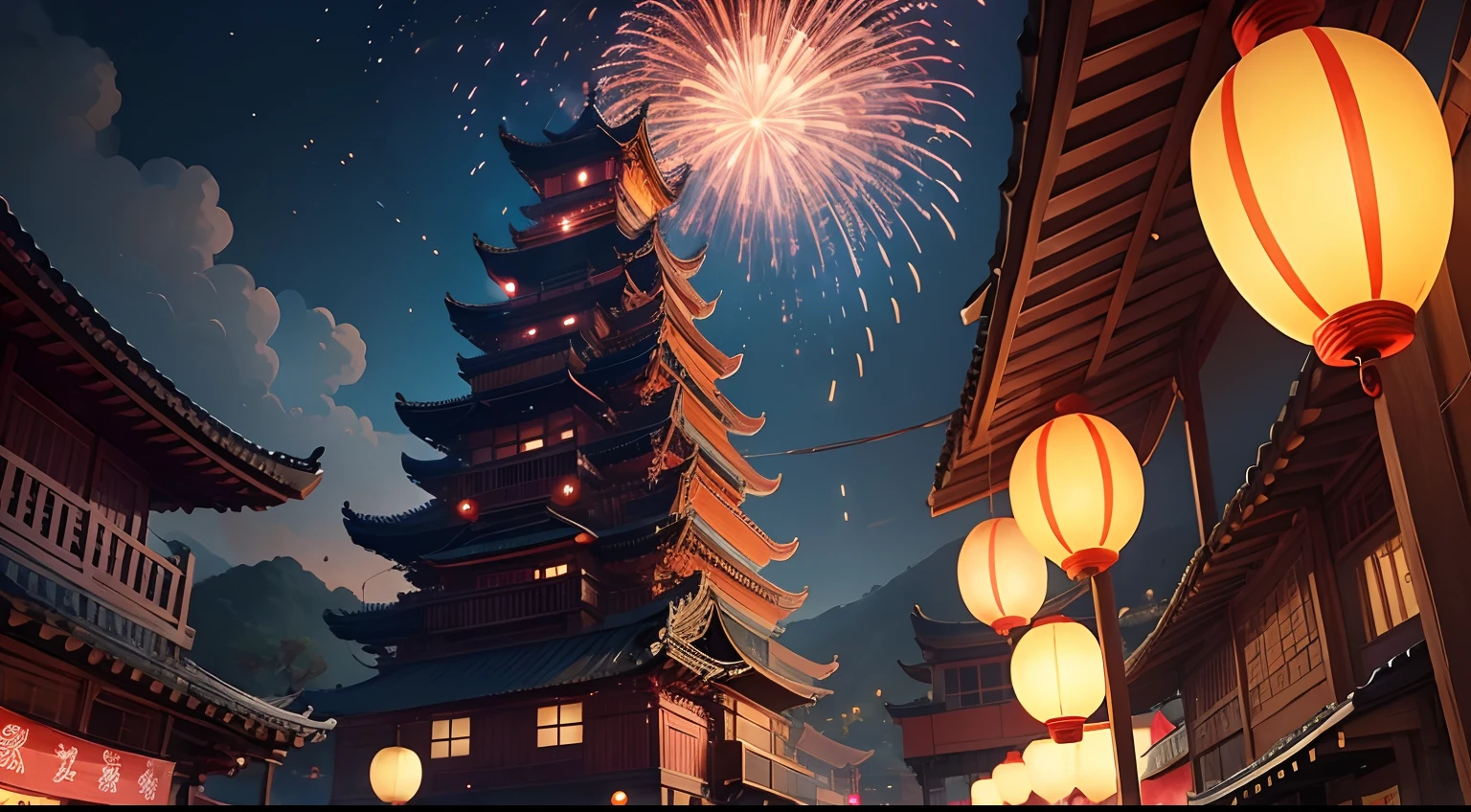Fireworks and lanterns are lit in Taiwanese cities, background artwork, background art, Onmyoji detailed art, A dreamy Taiwanese village, Summer Festival Night, G Liulian Art Style, fireworks show, ros tran. scenic background, animation background art, beautiful artwork illustration, making: Shitao, trending in CGSTATION, colorful anime movie background