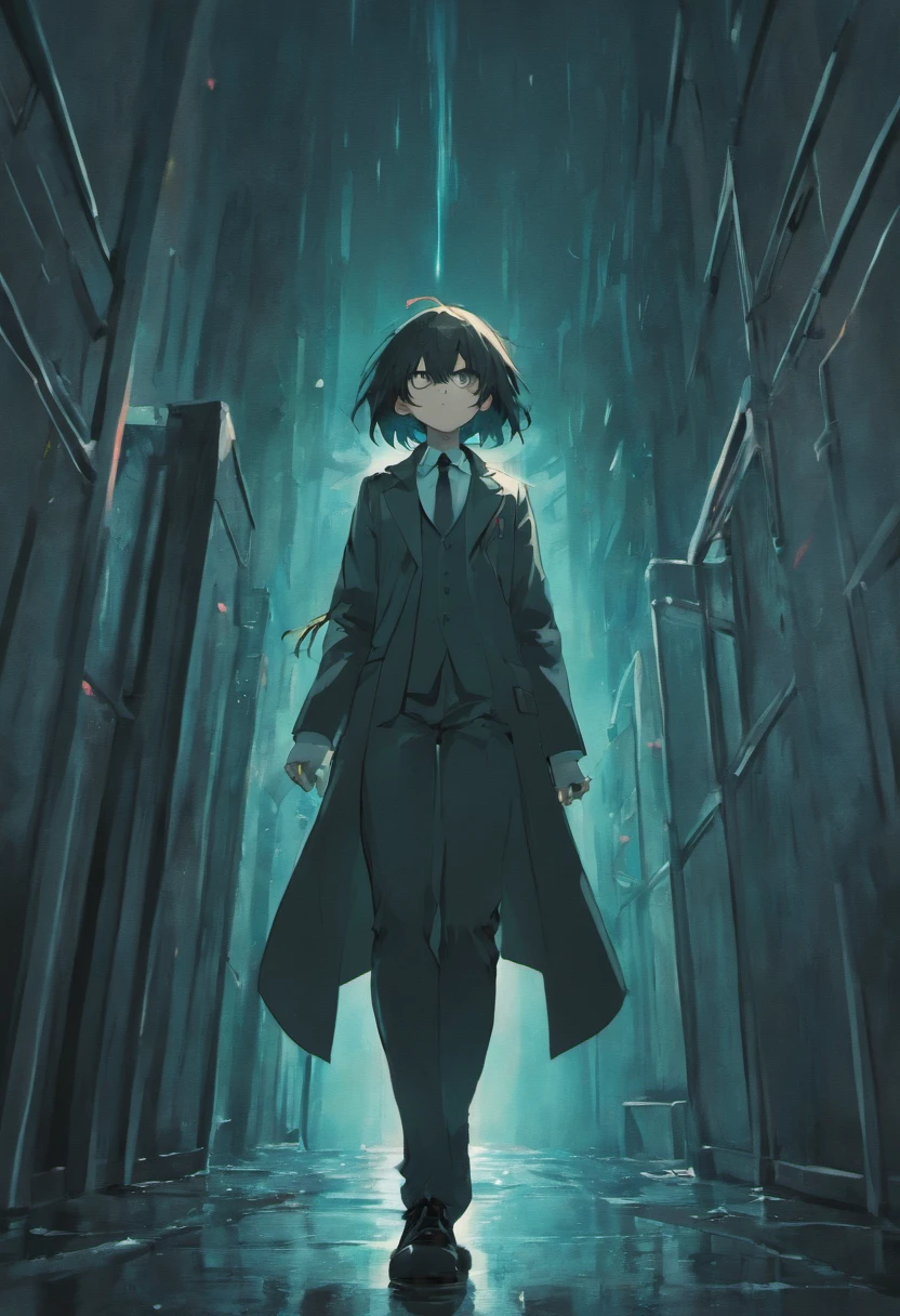 "From an aerial perspective, depict a slender man with long, black hair, clad in a lab coat, succumbing to his injuries in a narrow, rain-swept street. The dark of night envelops the scene, with only the dim glow of nearby lanterns illuminating the rain's union with the ominous stain on his coat, capturing a haunting nocturnal moment."