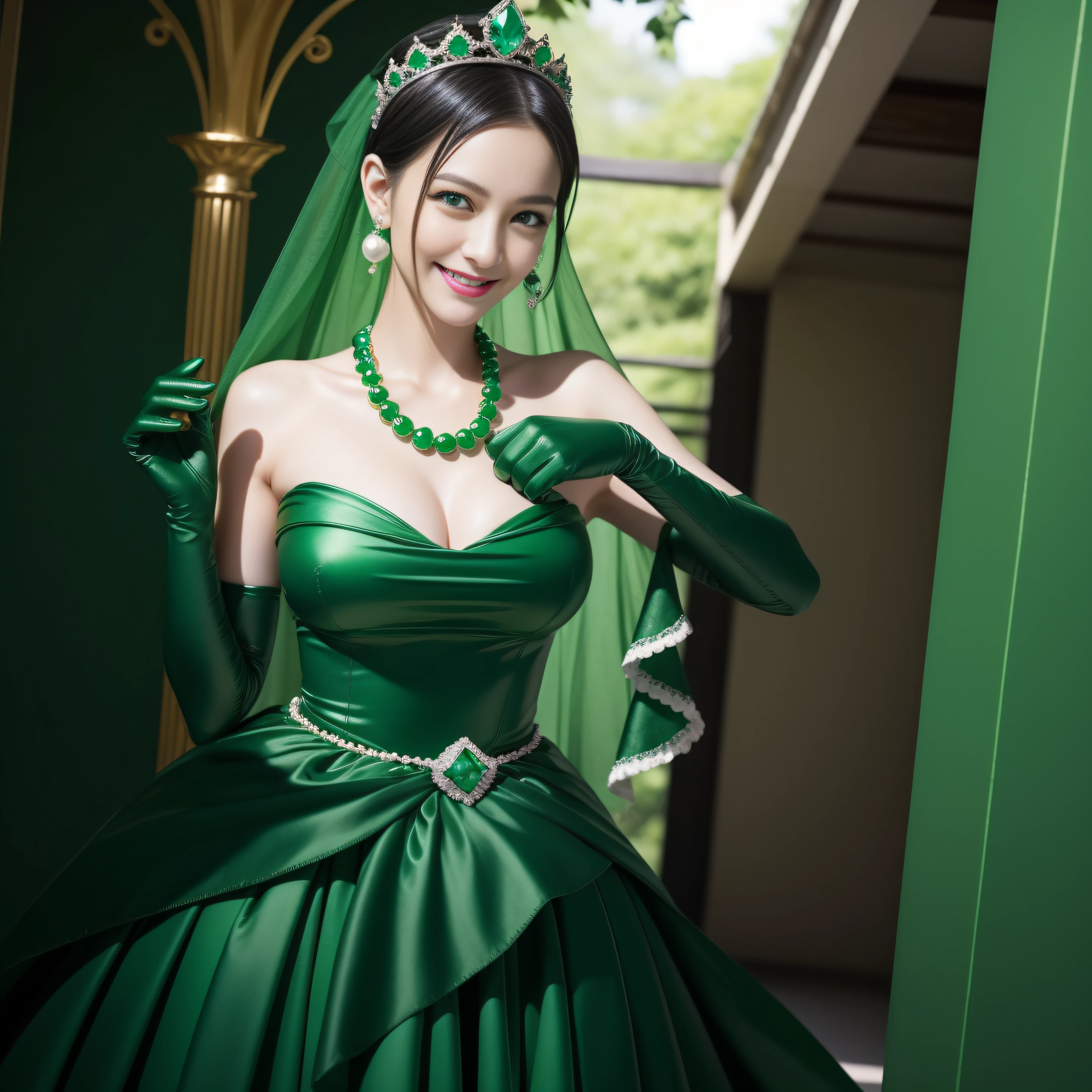 emerald tiara, Green Pearl Necklace, Boyish very short black hair, lipsticks, Japan woman smiling, very short short hair, big breasts beautiful, Green eyes, Long green gloves made of satin material, Green eyes, Emerald Earrings, The tattoo