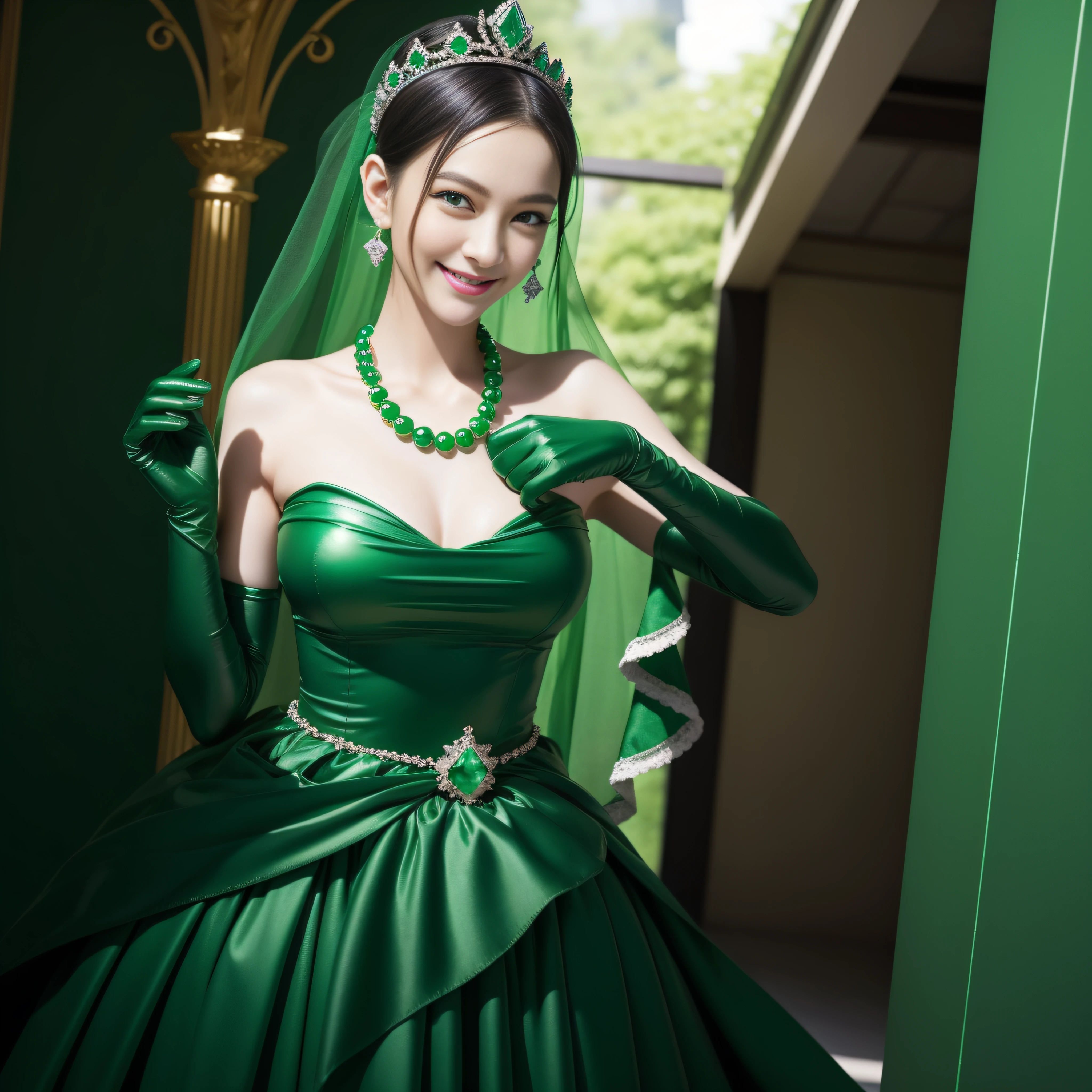 emerald tiara, Green Pearl Necklace, Boyish very short black hair, lipsticks, Japan woman smiling, very short short hair, big breasts beautiful, Green eyes, Long green gloves made of satin material, Green eyes, Emerald Earrings, The tattoo