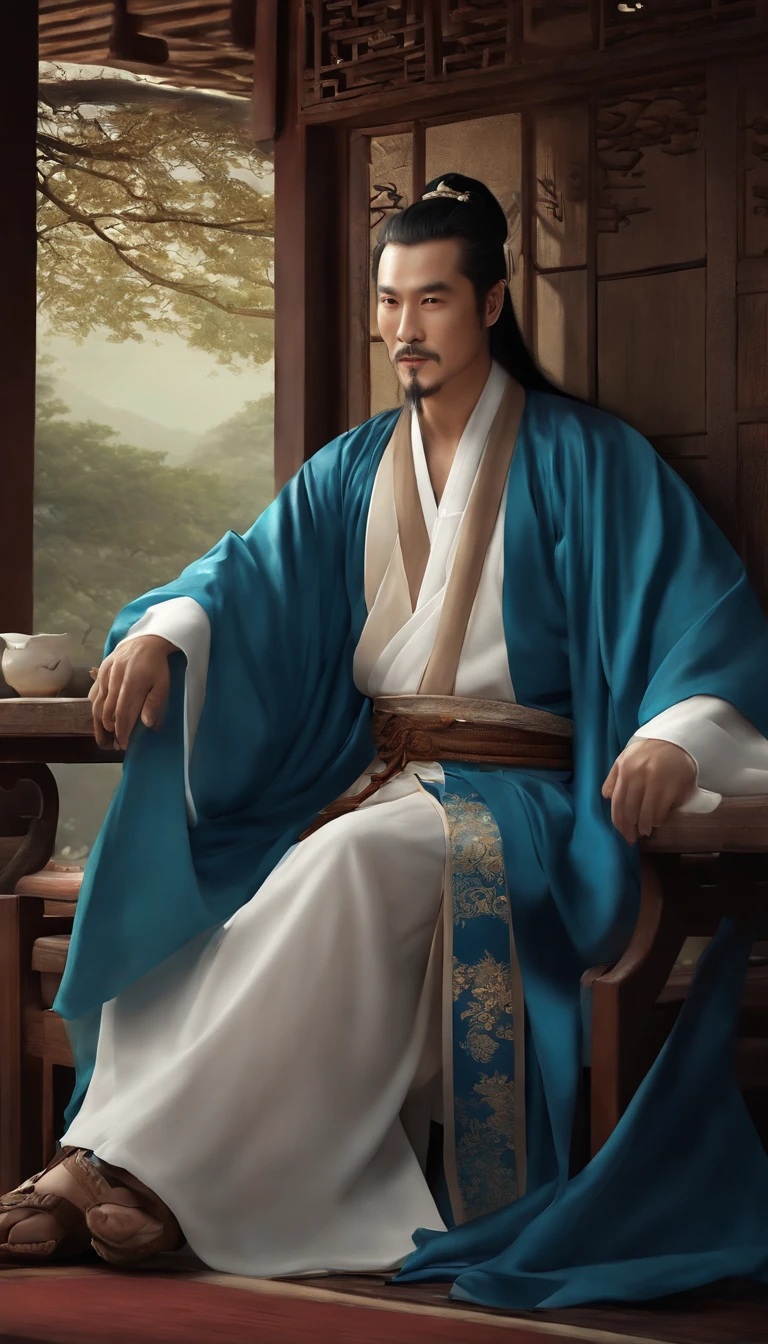 Tang dynasty middle-aged male poet, 44 years old，brunette color hair，Dressed in Tang Dynasty costumes, long whitr hair, Wearing a blue robe, Wear cloth shoes, laying on the chair, Looking at the night sky, Laugh and drink, Autumn nights, There are stars, Chinese Ancient Architecture, Dashing artistic conception,