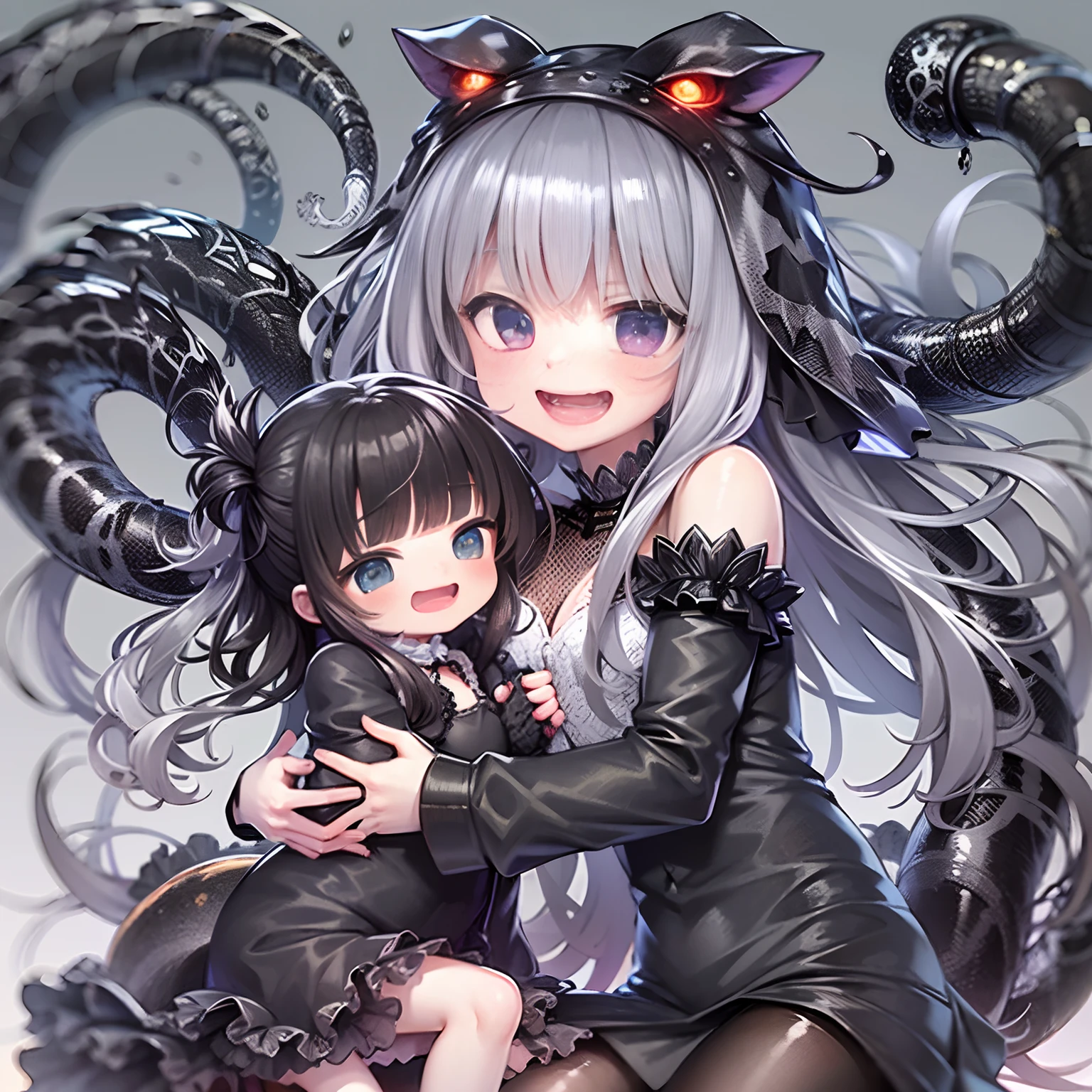 A silver-haired loli about a five-year-old black-hairedi,The loligged each other,None of them wore shoes。The silver-haired loli arm transforms into a venom parasitic black-haired loli。The silver-haired loli wears a black latex suit made of venom,Brunette loli wearing Lolita。A silver-haired loli who transforms into Venom。The black-haired loli showed a terrified expression,The body is crawled with black latex。The silver-haired loli smiled sickly。
