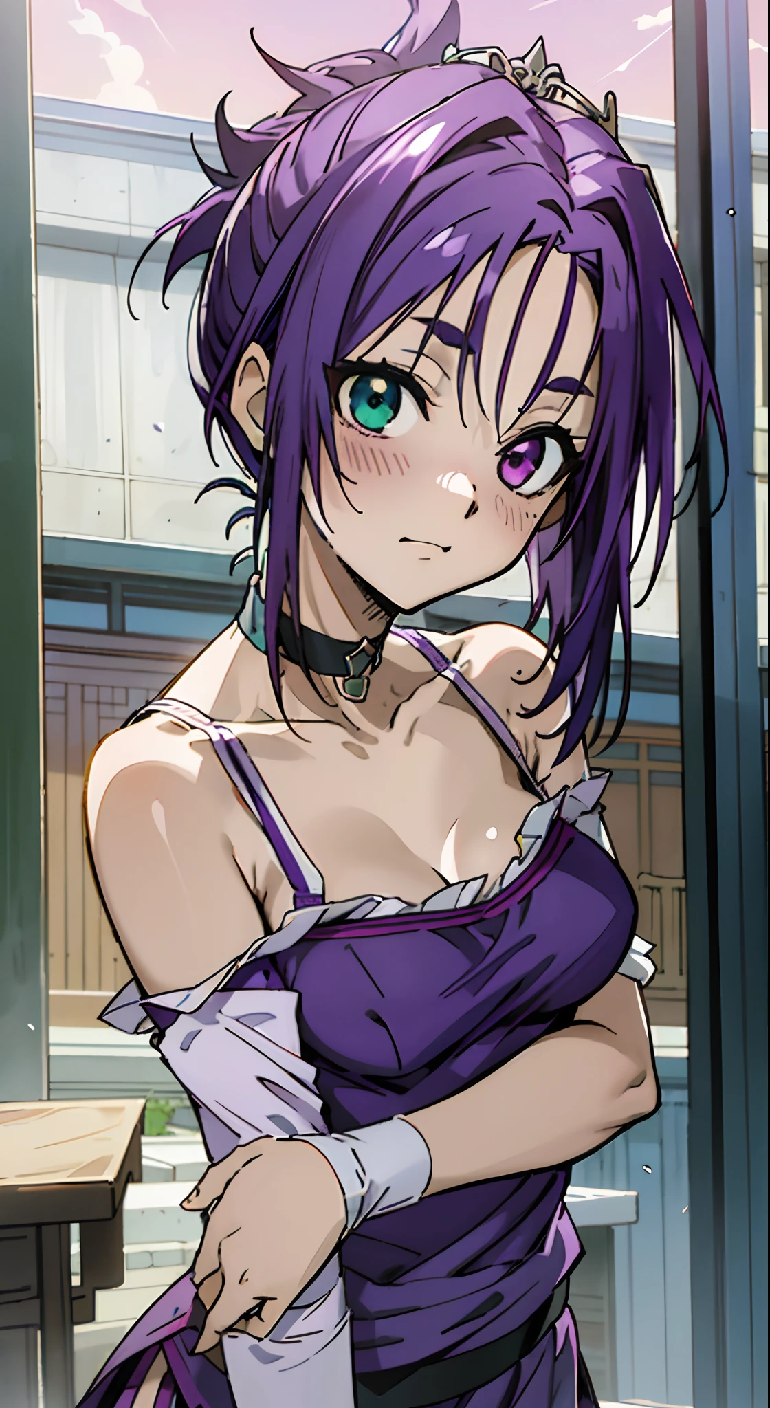 Masterpiece, Best quality, Ultra-detailed, Off-the-shoulder attire, Colorful,take up close, Hyper-detailing，purple color hair, reo mikage, bluelock, no sleeves, camisole, blue camisole, cheongsam, chinese clothes, chest exposure, underwear, the kinky is exposed, choker, arm warmers, sexy breasts, scar, big breasts, red blush, 1girl, Solo, sharpy face, heterochromia, green eyes, purple eyes, Bare neck, happiness face, rays of sunshine, brautiful sky, shining sky, tiara, slum town