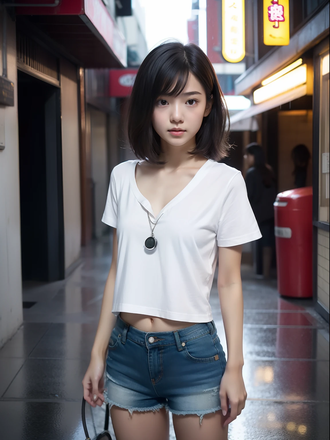 (8K, RAW Photos, 最high quality, masterpiece:1.2), high qualityのRAWカラー写真, Professional photo shoot, Cinematic Light, alone, (((young woman, Gal))), (Sharp features), (Small face), (Skin with attention to detail:1.2), clavicle, Cute face, Beautiful appearance, Long eyelashes,Girl Turning Around, smile, (Black Hair, Bobcut、), Open white shirt、belly button, Very short grey pleated mini skirt, Black sneakers, Backpack, Night Park, Confident attitude, Capture the happy moment, Artistic painting,Attractive thighs, (Very nice touch:1.2),はにかんだsmile), Peaceful atmosphere, Oil painting style, Bright colors, (Are standing:1.5, Night cityscape, Full body portrait), Smooth texture, Gazing Eyes, Beautiful Skin, Shiny skin, ((Perfect Fingers, Five Fingers, Anatomically correct)), Background Blur, high quality, Surreal, ((Very detailed, photo shoot)),Many people々々、blush、plump、White skin、A bag full of stuffed toys、((Selfie))、Beautiful Eyes、Face close-up