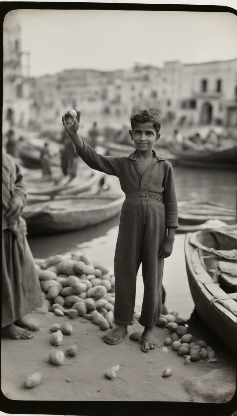 an old black and white photo of a poor white 12yo boy stand up holding peanuts and selling them and waving with his hands in Algeria boat port waving with his hand, dirty clouths ,1948,full body, real-life photograph, french architecture, provia, security agent, vignette, small of people, real, large frame